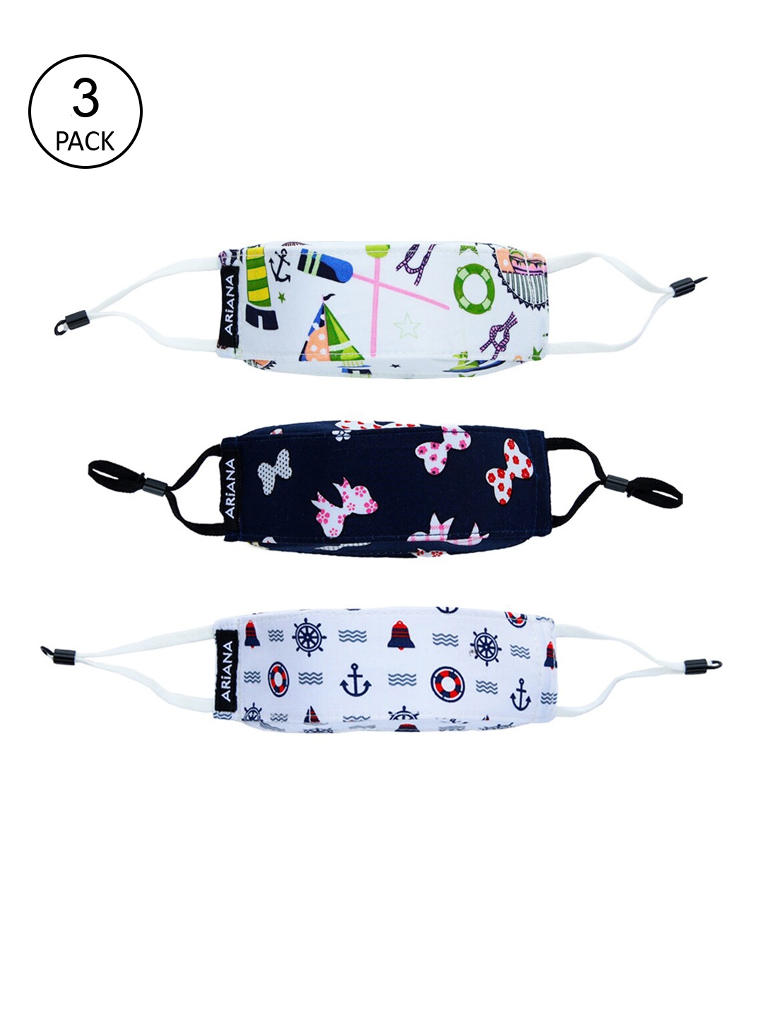 

Ariana Adult Kids Pack Of 3 7-Ply 3D Cotton Reusable Cloth Face Masks, Multi