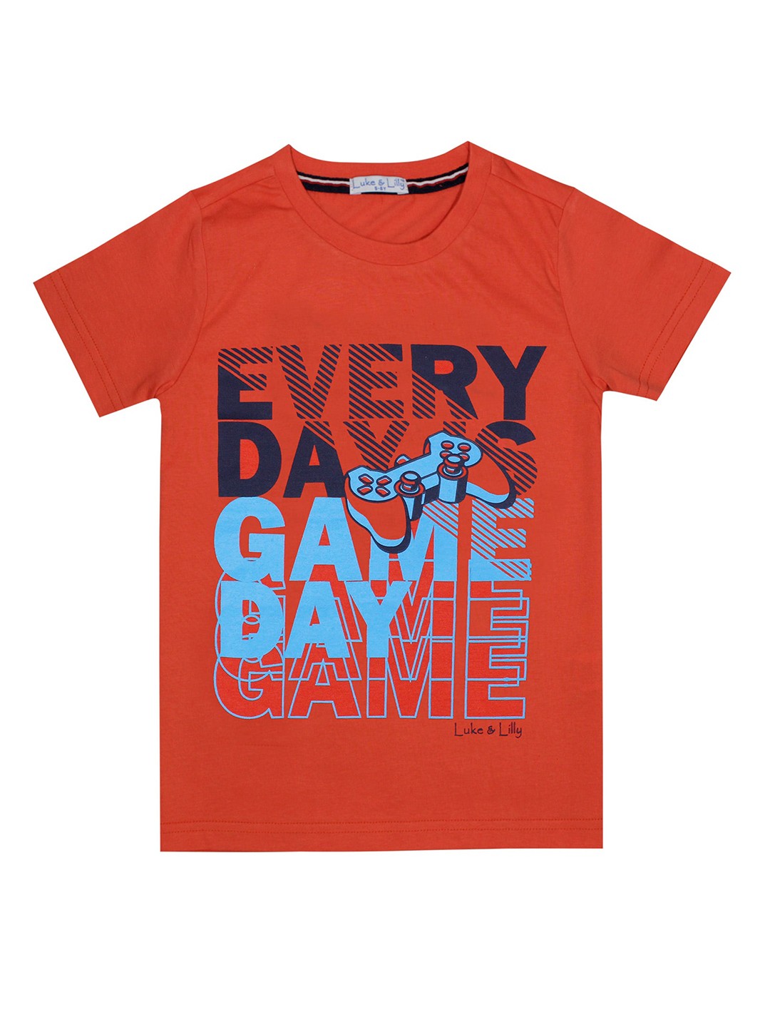 

Luke Lilly Boys Red Blue Typography Printed Pure Cotton T-shirt