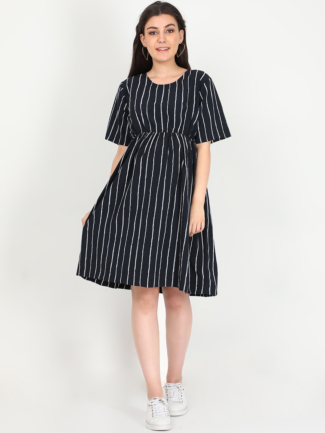 

The Mom Store Maternity Navy Blue Striped Crepe Dress