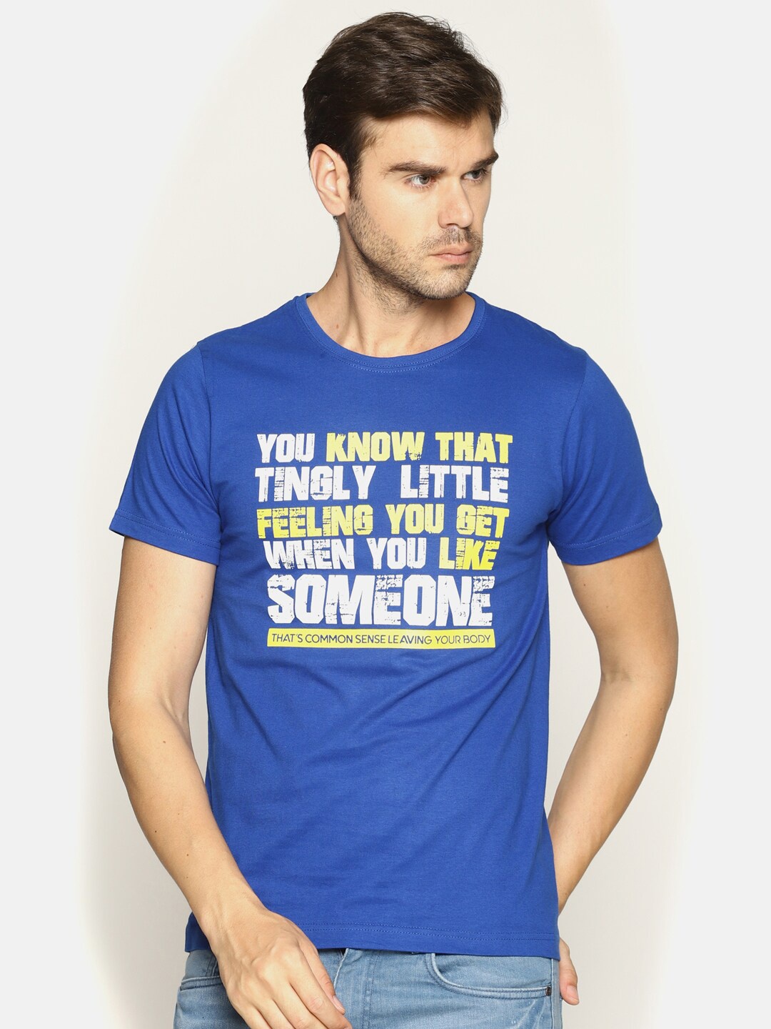 

OBOW Men Blue Typography Printed Cotton T-shirt