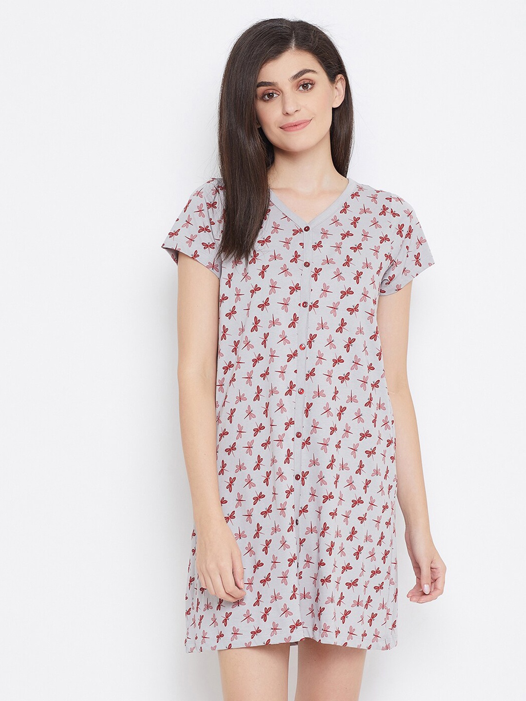 

Clovia Grey Printed Cotton Nightdress