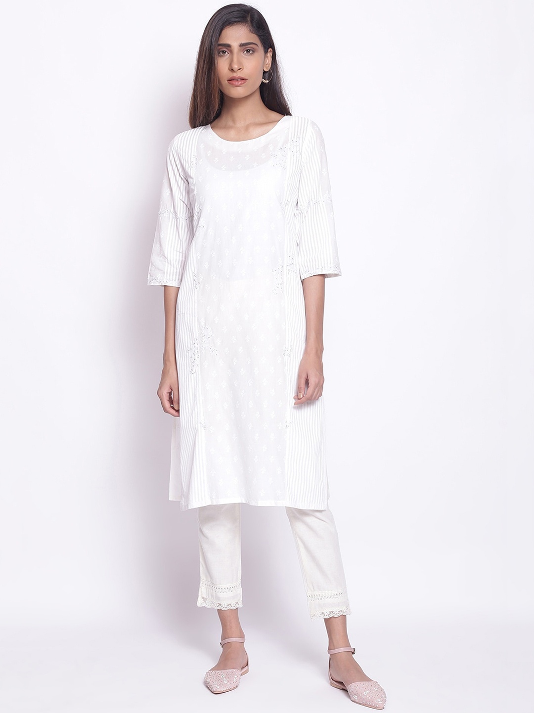 

W Women Straight Cotton Kurta, White