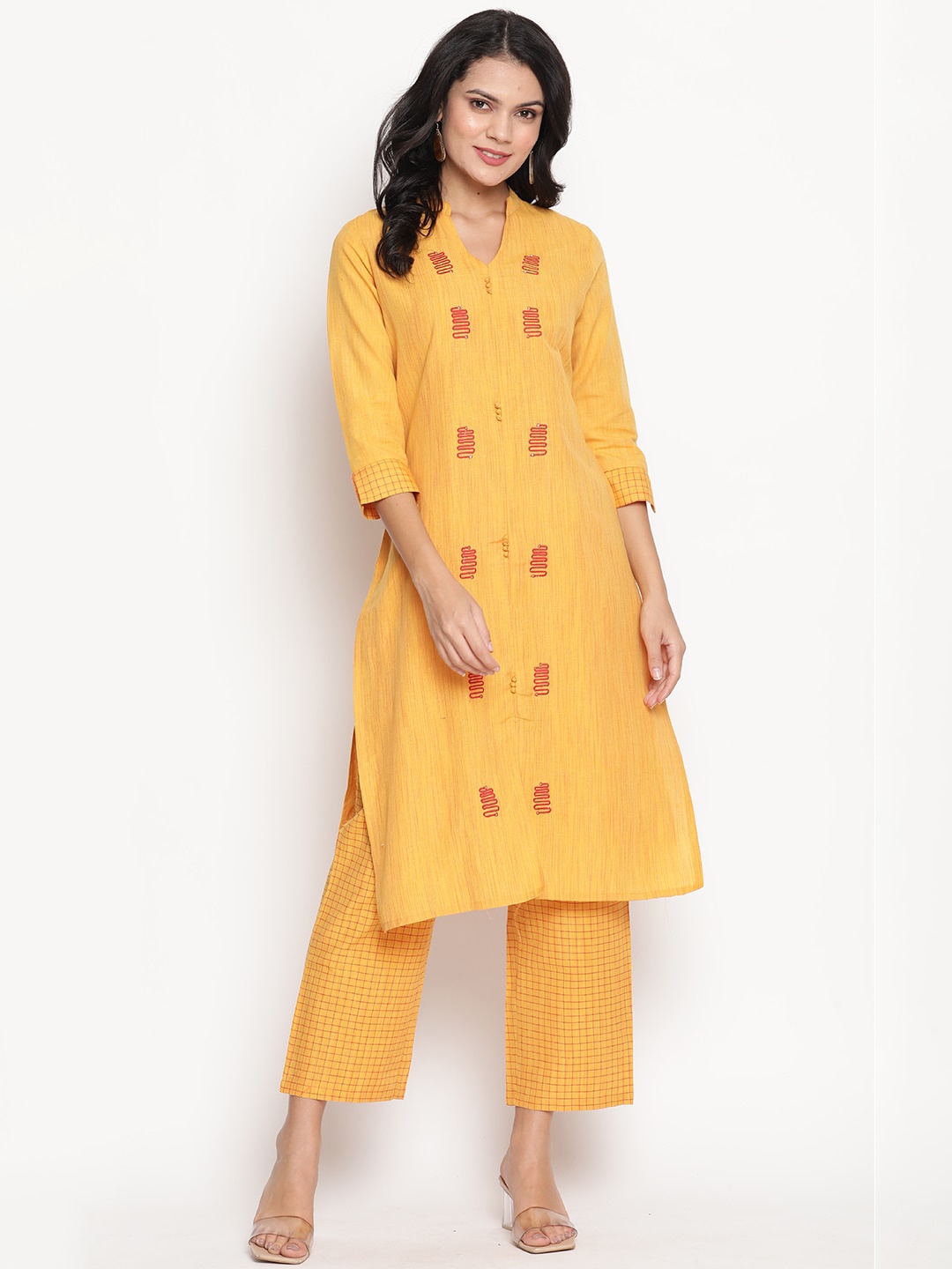 Be Indi Women Checked Embroidered Straight Kurta with Trousers Set, Yellow