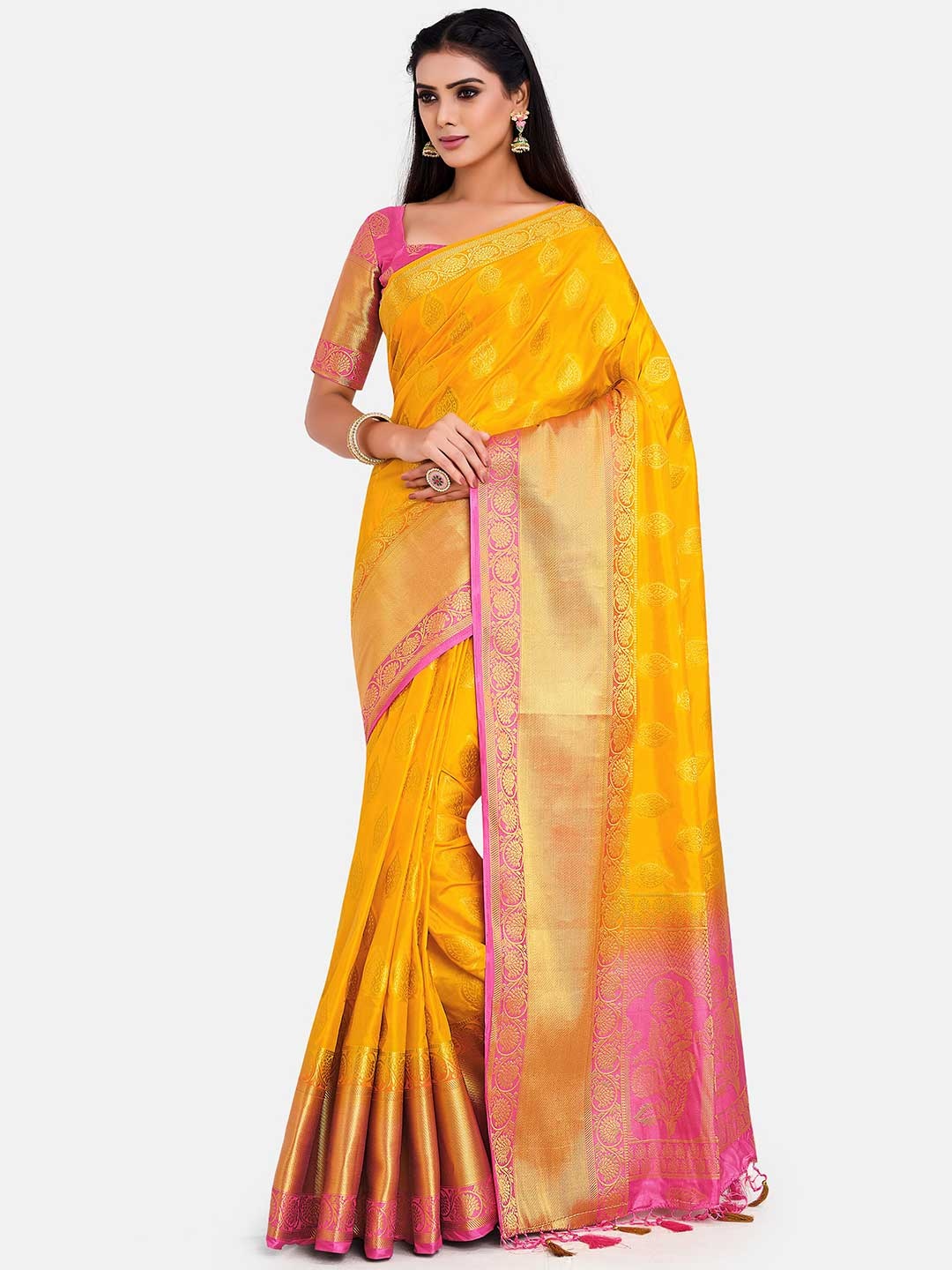 

MIMOSA Mustard & Pink Woven Design Zari Art Silk Kanjeevaram Saree