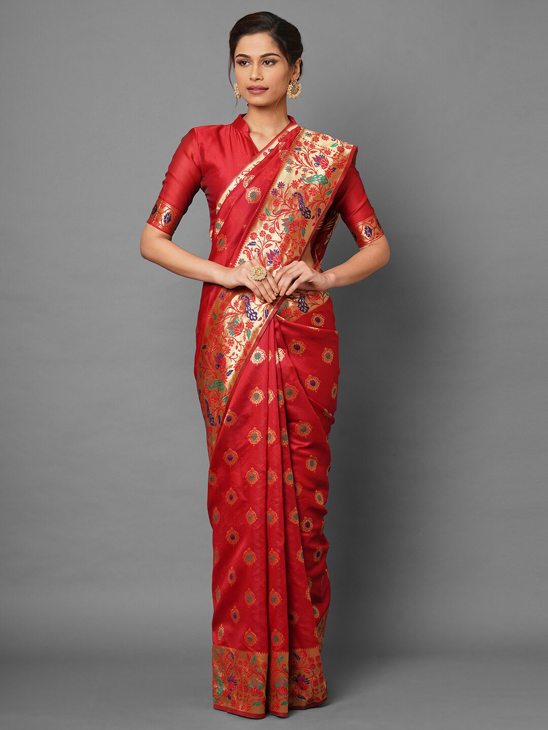 

Saree mall Red & Gold-Toned Floral Silk Blend Banarasi Sarees