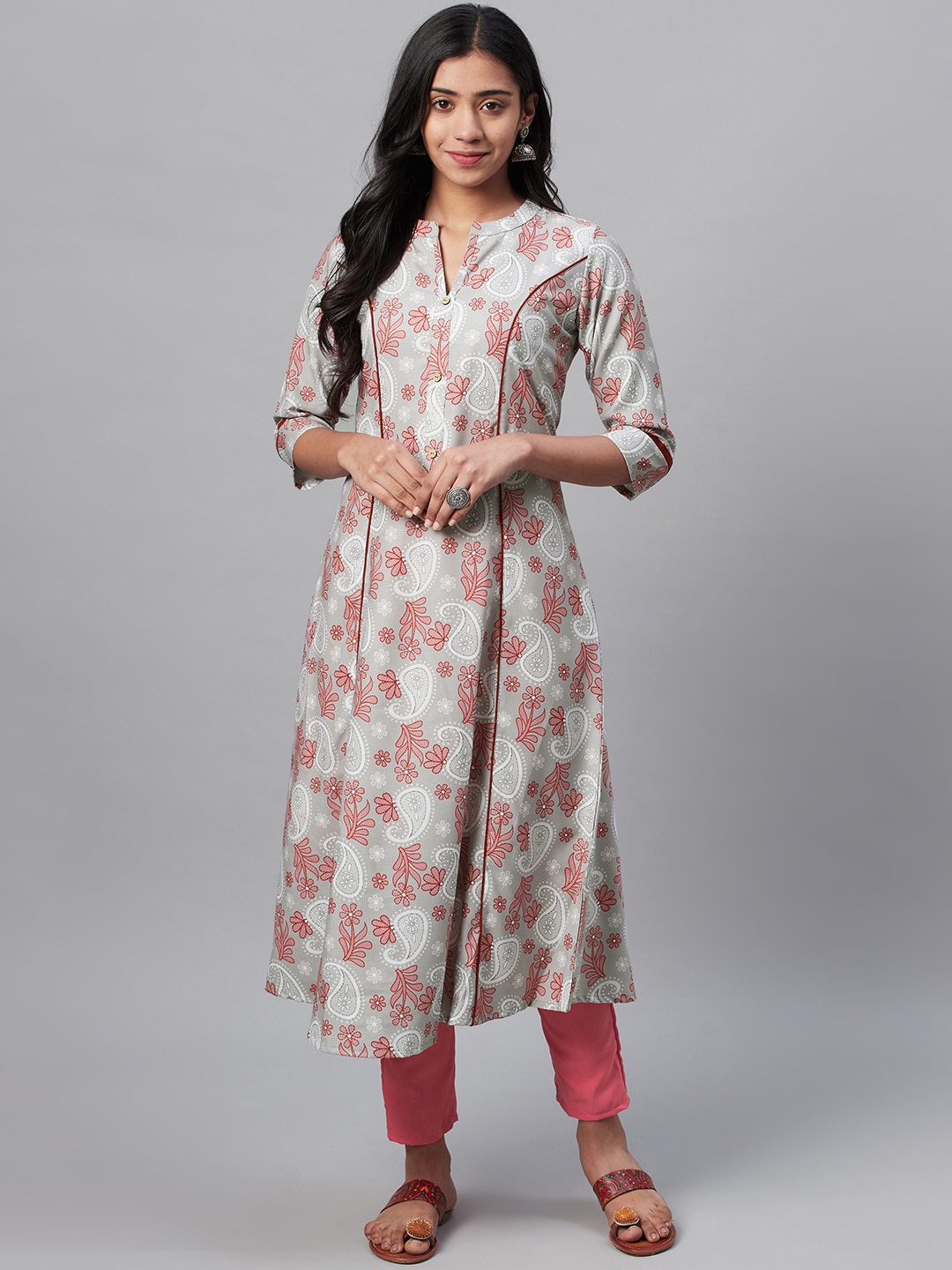 

ZIYAA Women Grey & Pink Floral Printed A line Kurta with Trousers