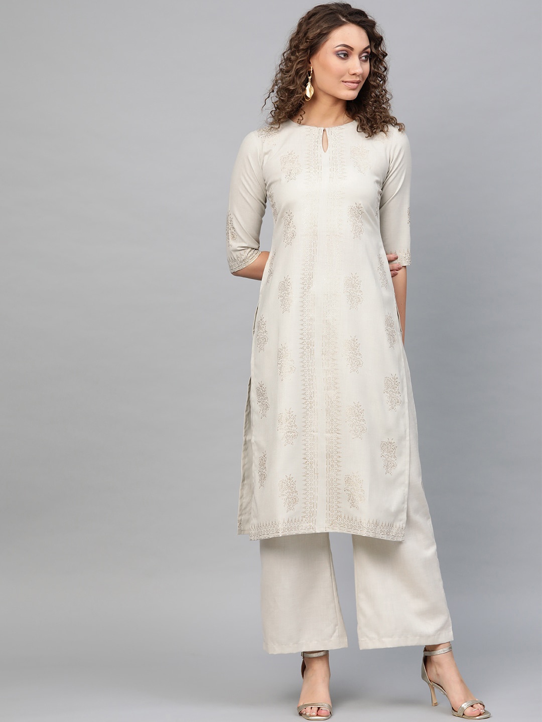 

Libas Women Beige Ethnic Motifs Printed Keyhole Neck Kurta
