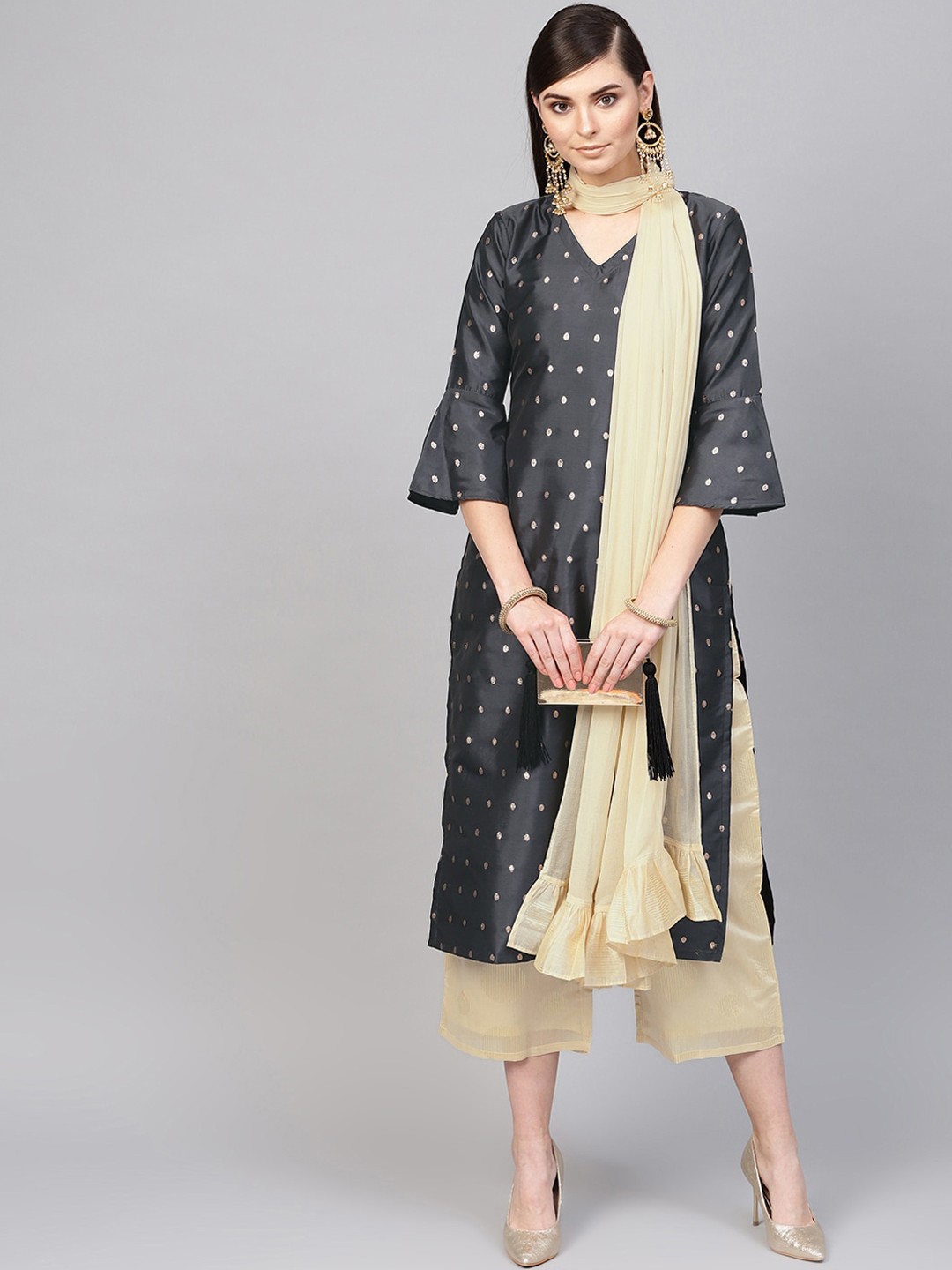 

Libas Women Grey Ethnic Motifs Kurta With Palazzos & With Dupatta