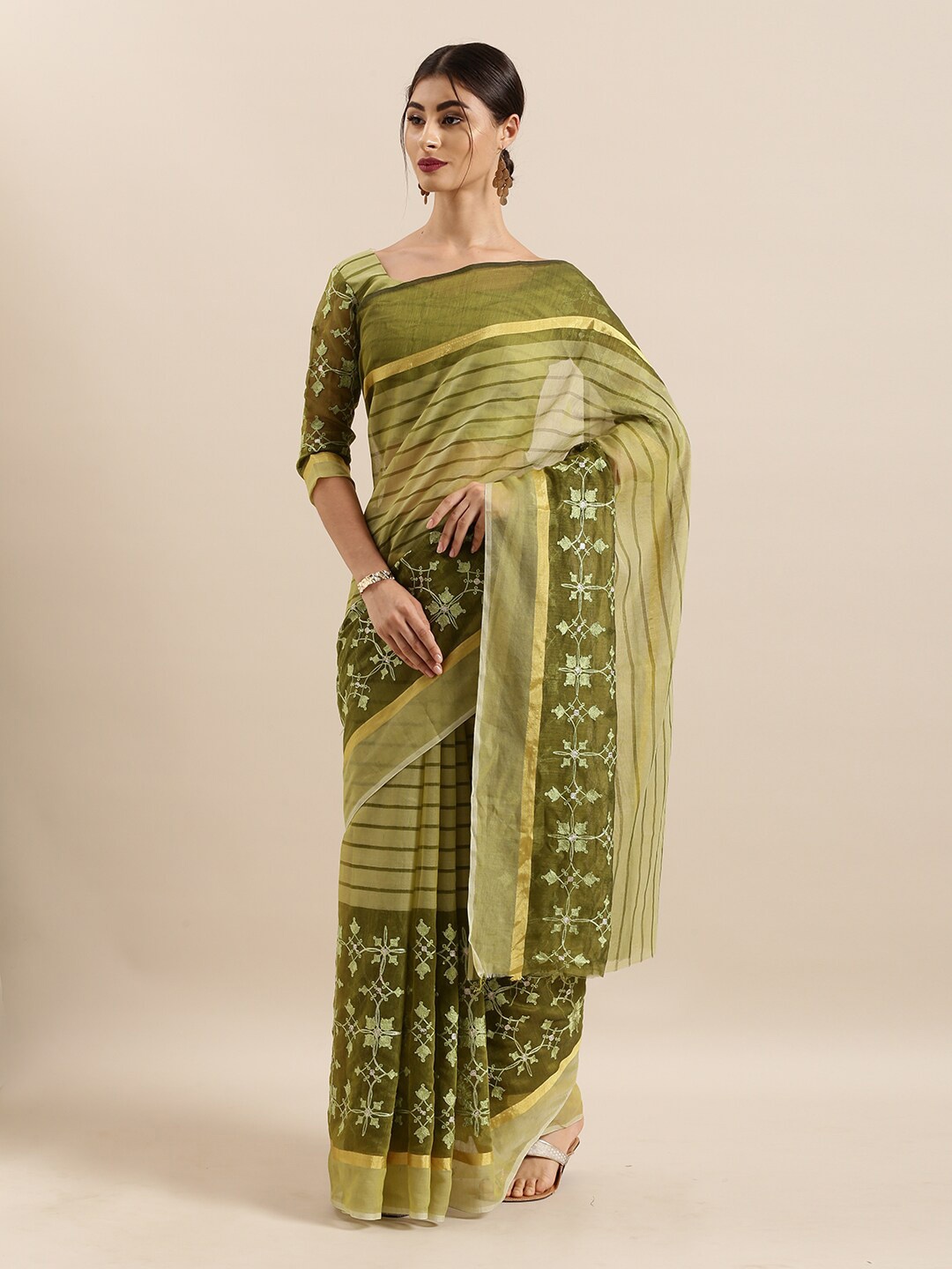 

Kvsfab Olive & Gold-Toned Striped Embroidered Saree