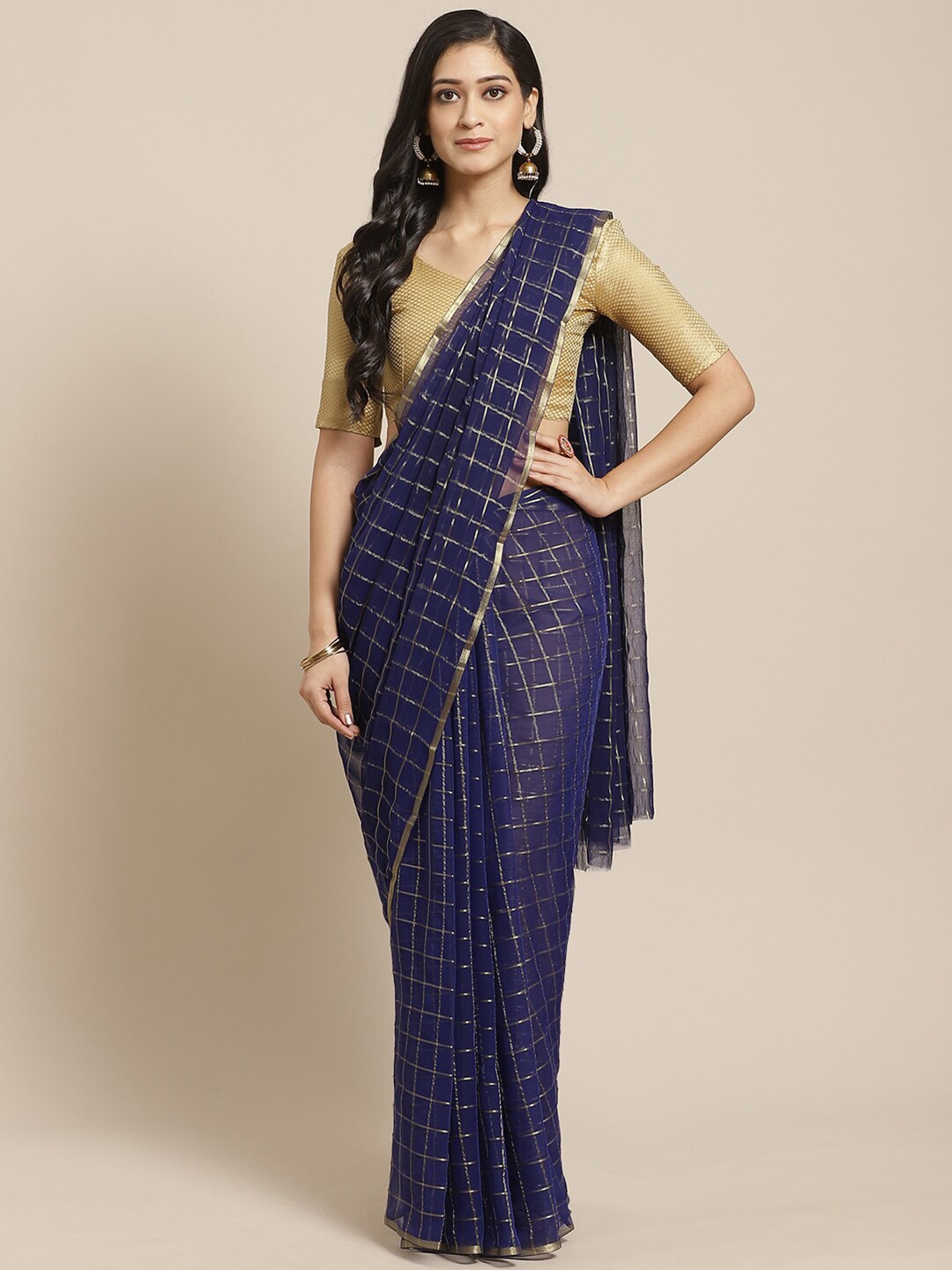 

Saree mall Navy Blue Checked Sarees