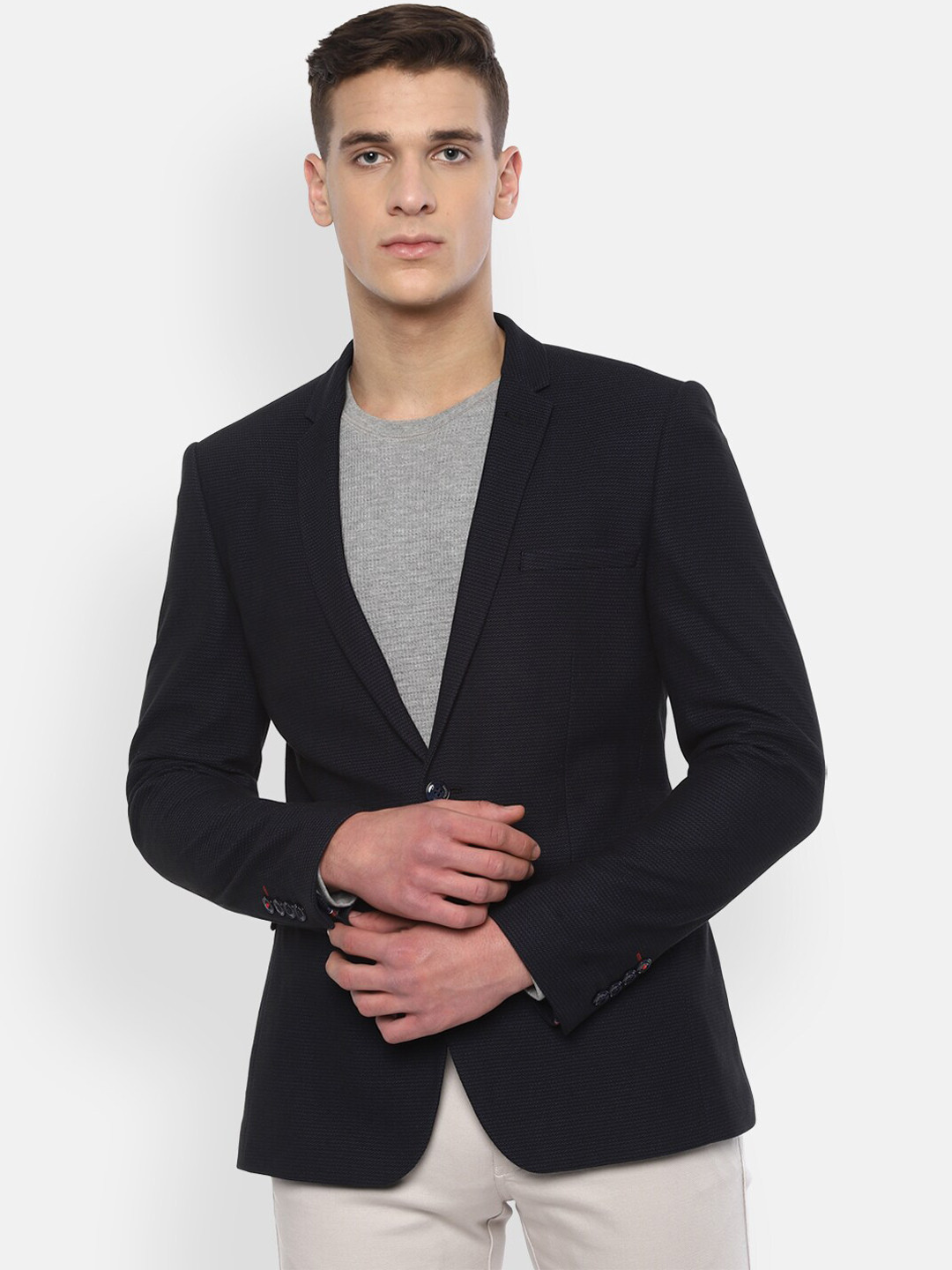 

Louis Philippe Sport Men Navy Blue Solid Super Slim Fit Single Breasted Formal Blazer