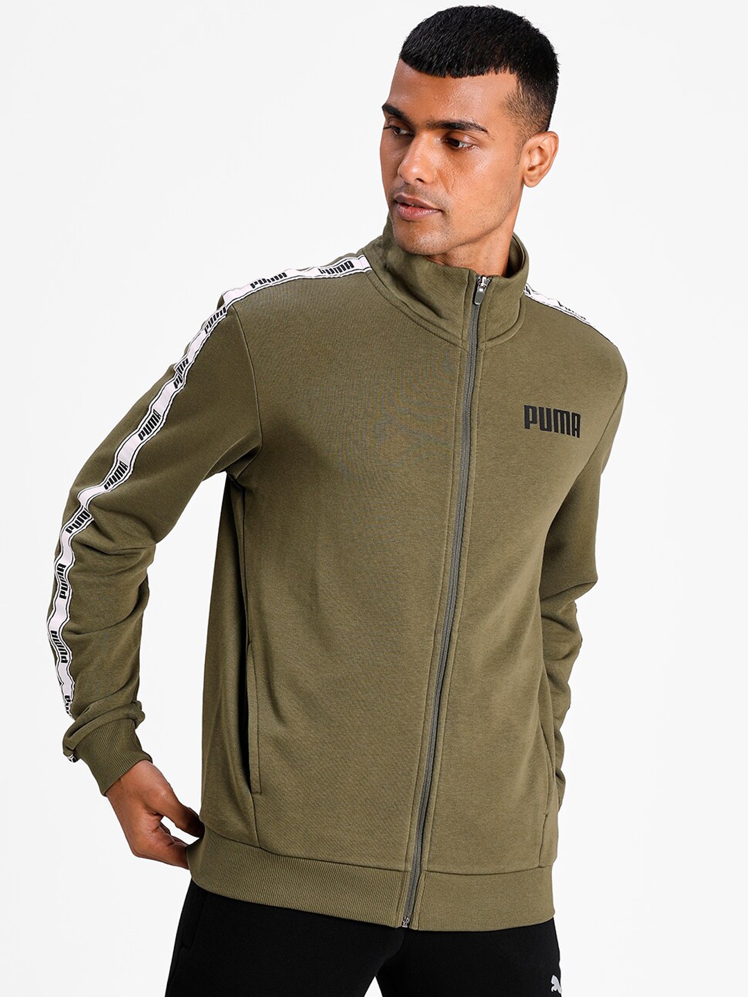 Puma Men Olive Green Tape French Terry Full-Zip Track Top
