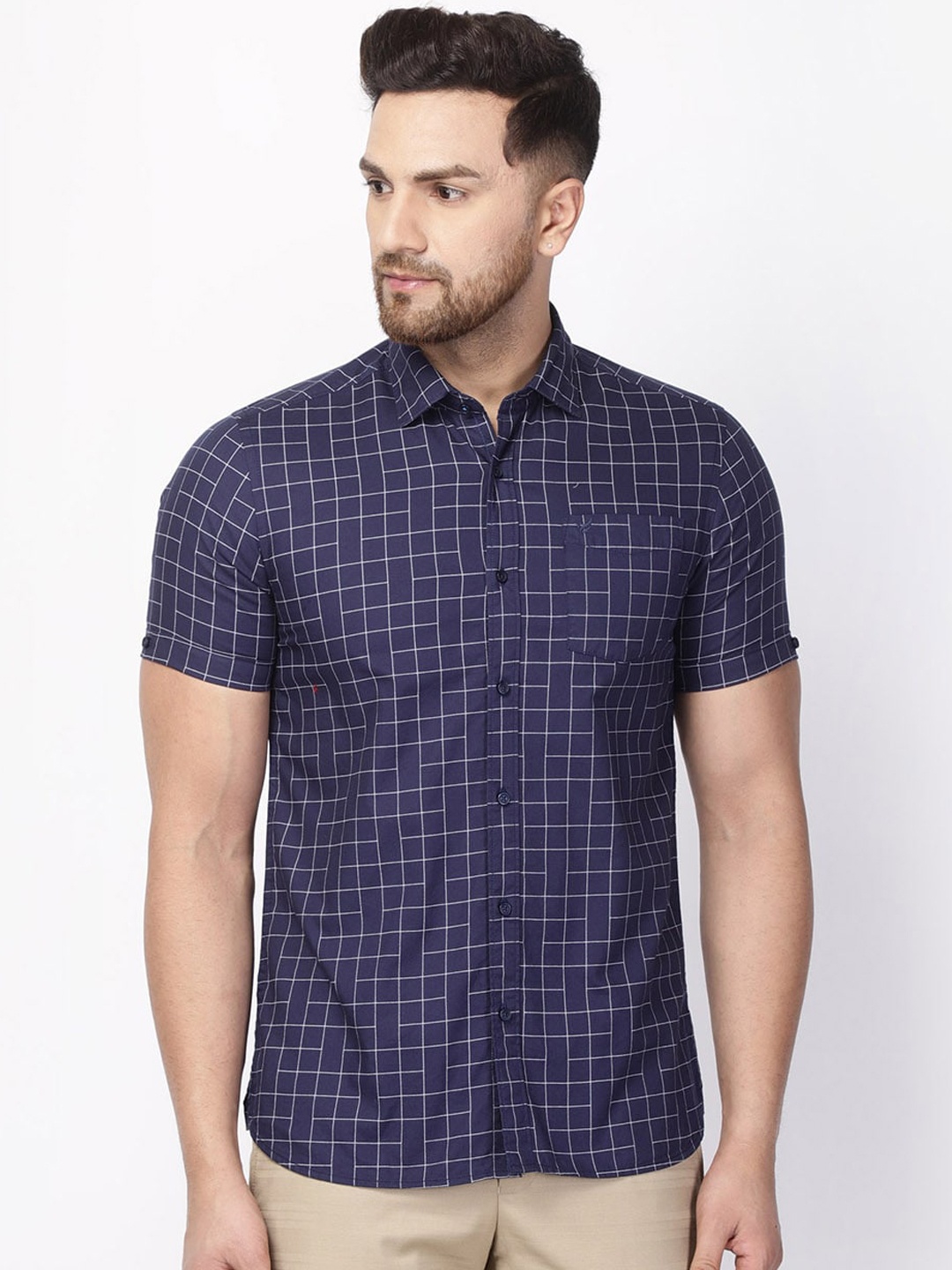 

Blackberrys Men Navy Blue Pheonix Skinny Fit Windowpane Checks Checked Casual Shirt