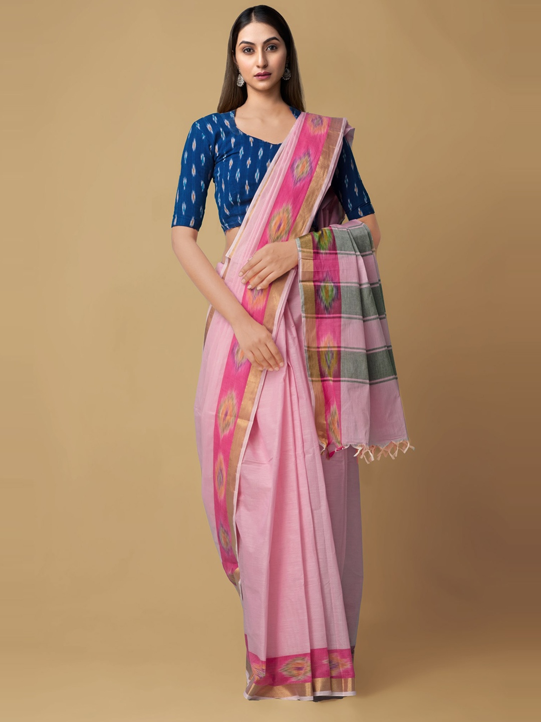 

Unnati Silks Pink & Green Zari Pure Cotton Sambalpuri Handloom Saree