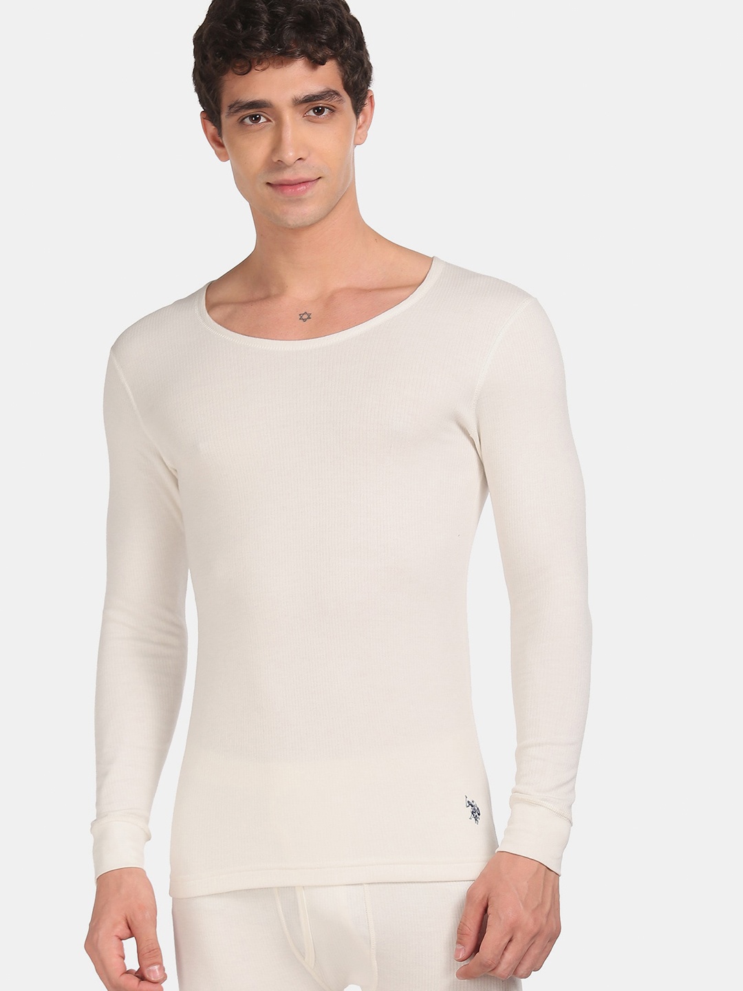 

U S Polo Assn Men White Solid Long Sleeve Round Neck Pure Cotton T-shirt