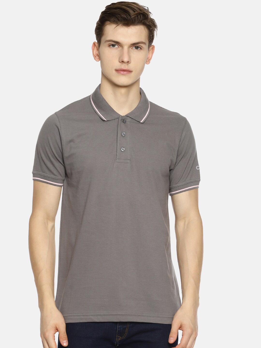 

OBOW Men Grey Solid Cotton Polo Collar T-shirt