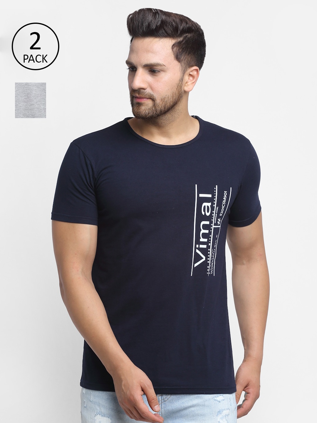 

MACK JONNEY Men Typography Pack of 2 Printed T-shirt, Navy blue