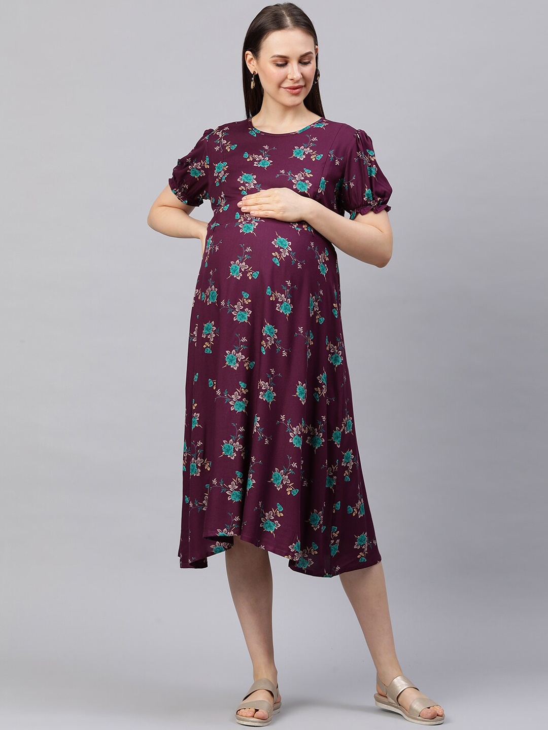 

MomToBe Purple Floral A-Line Midi Maternity Nursing Dress