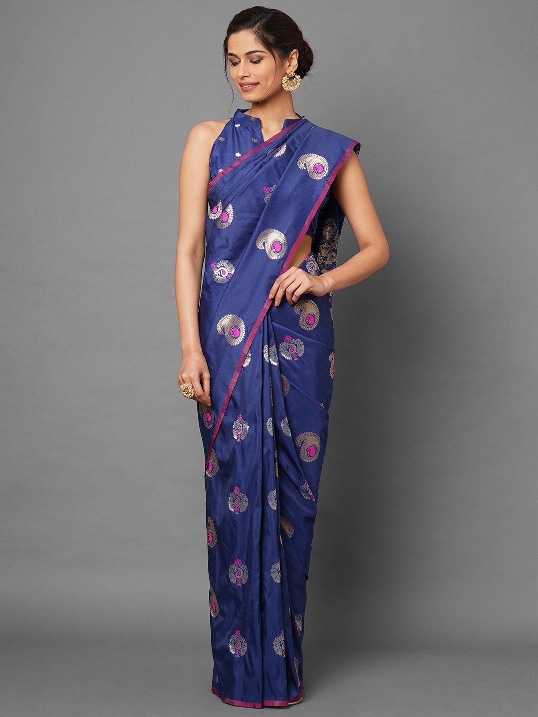 

Saree mall Navy Blue Paisley Silk Blend Banarasi Sarees