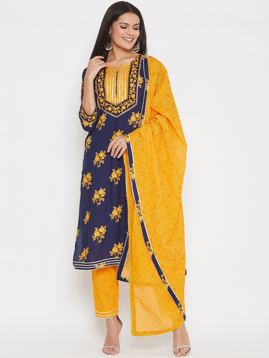 

Prakhya Women Yellow Floral Embroidered Kurta with Trousers & With Dupatta