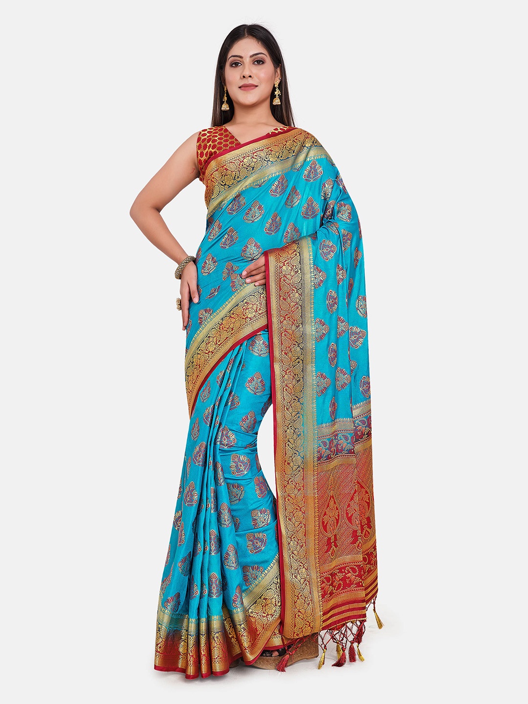 

MIMOSA Turquoise Blue & Red Floral Zari Art Silk Kanjeevaram Saree