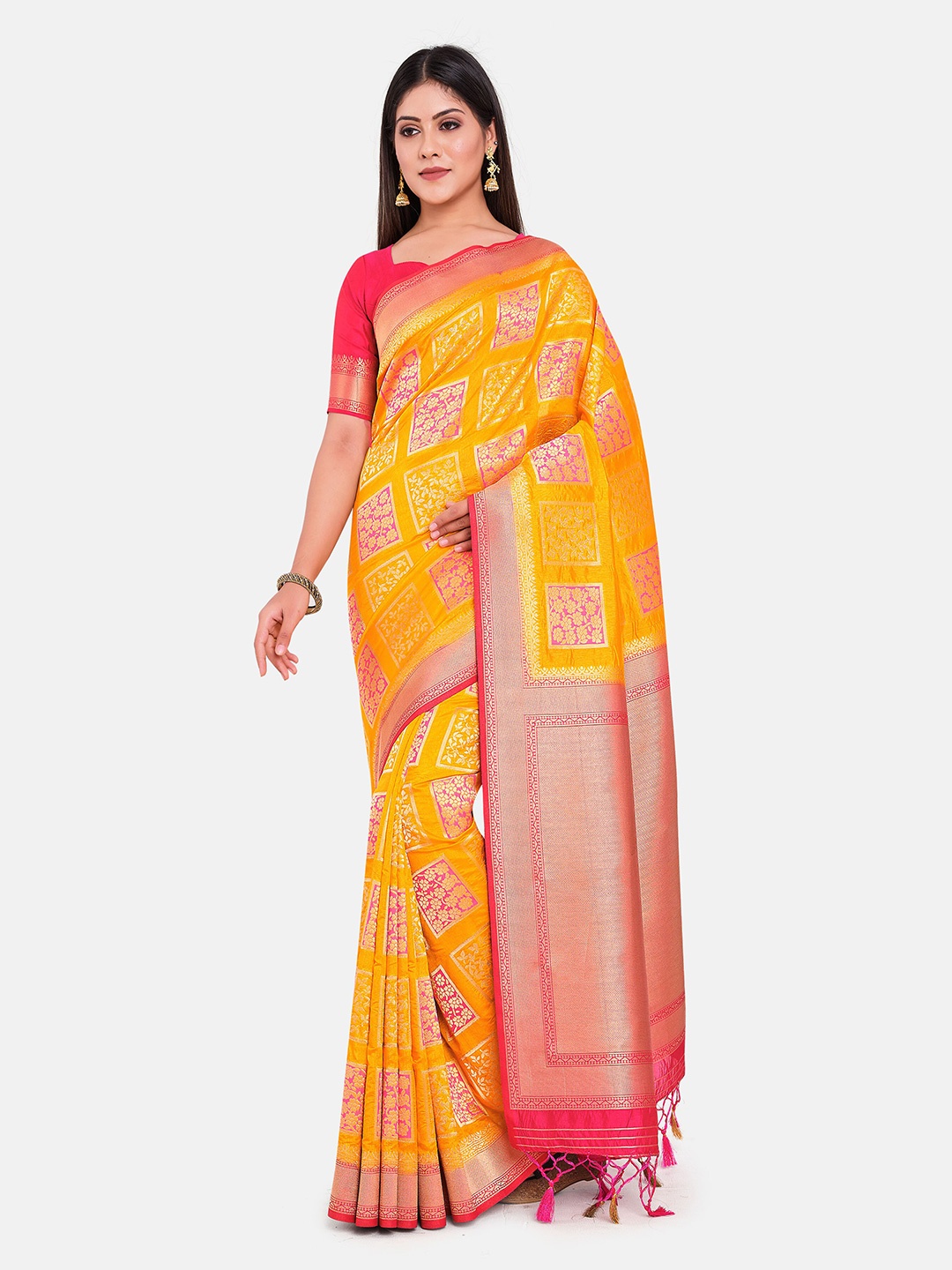 

MIMOSA Mustard & Pink Woven Design Zari Art Silk Kanjeevaram Saree