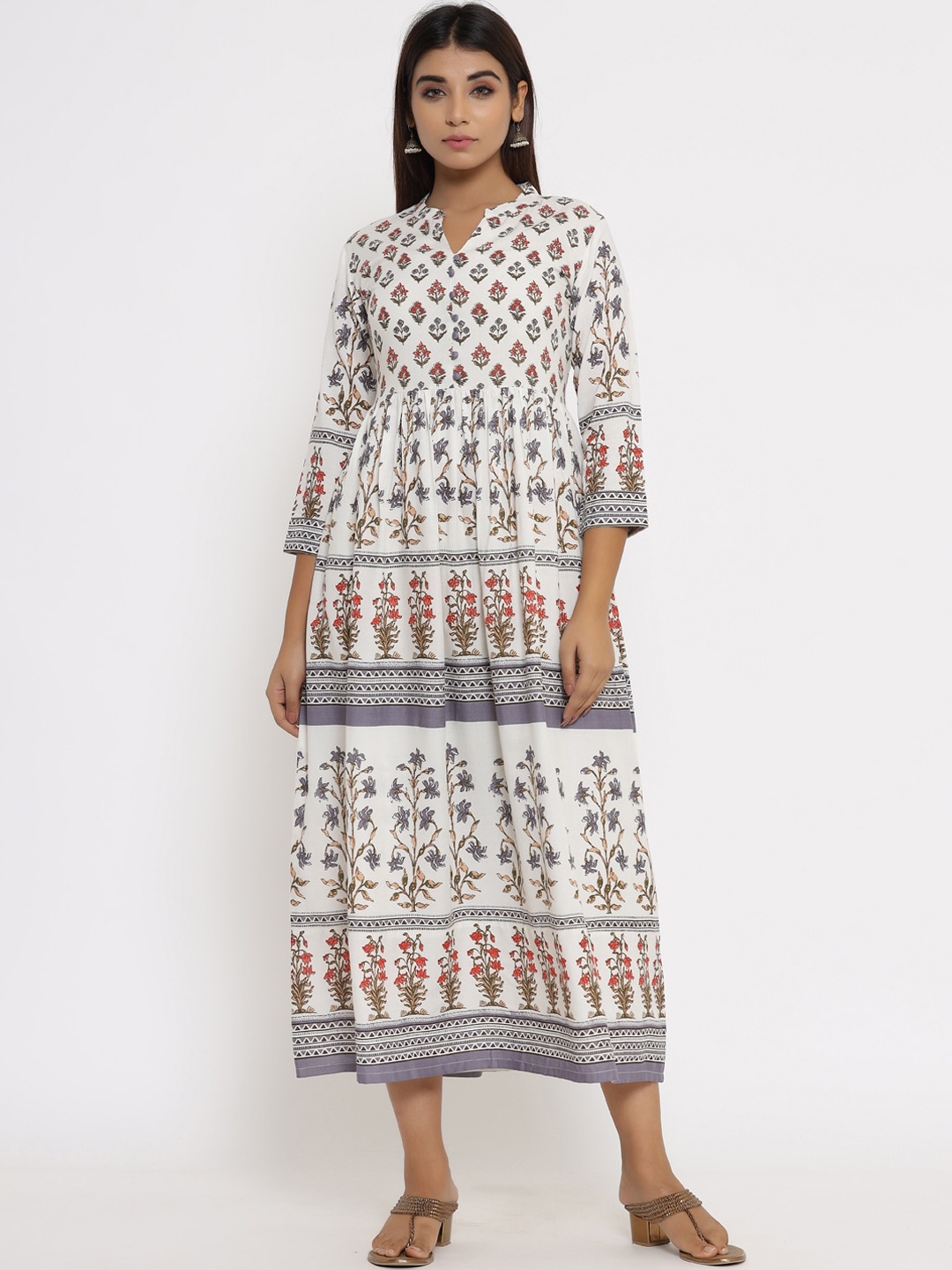 

Silai Bunai Women White & Blue Floral Printed Anarkali Kurta