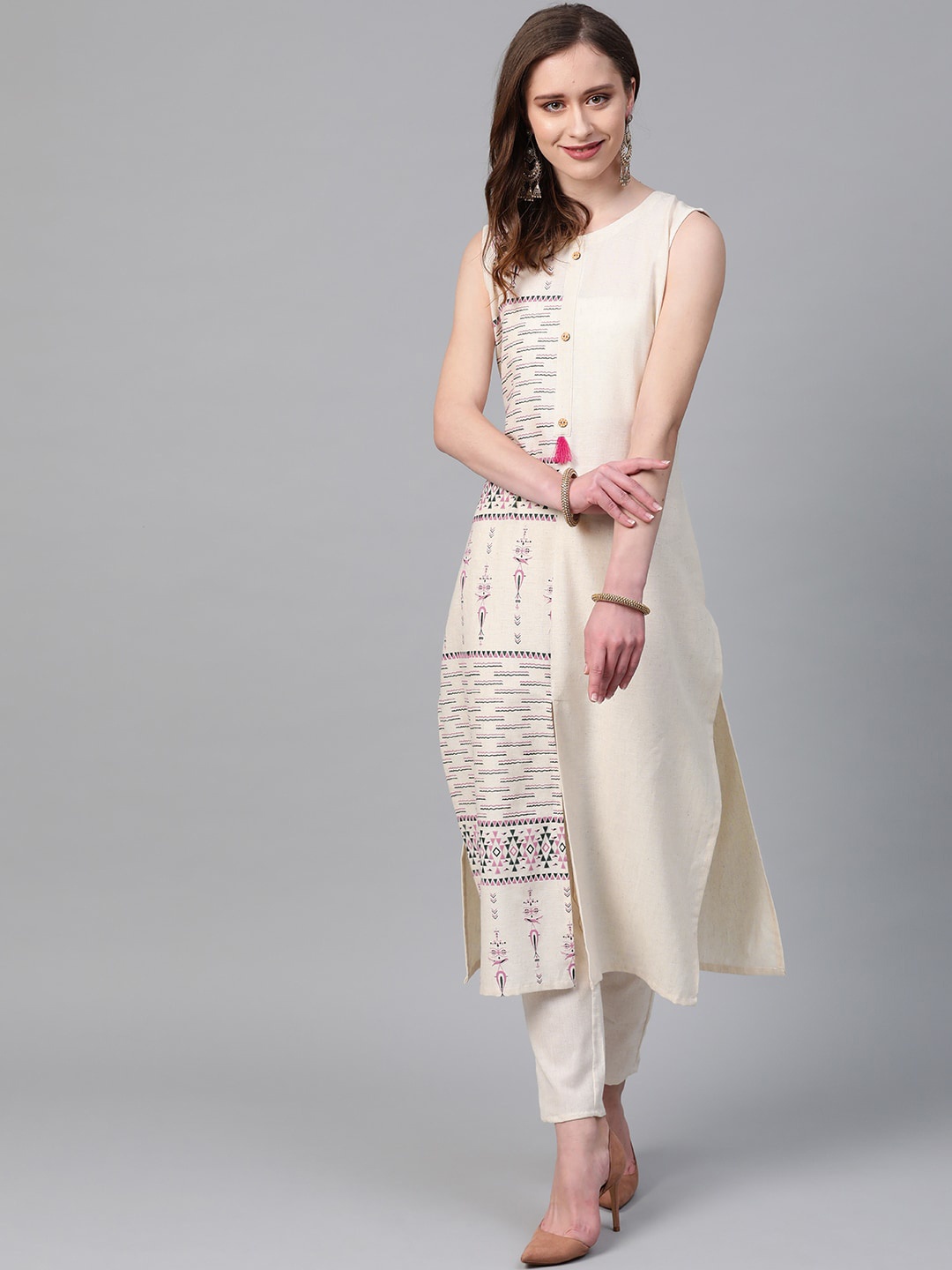 

ZIYAA Women Off White Printed Pure Cotton Kurta with Trousers