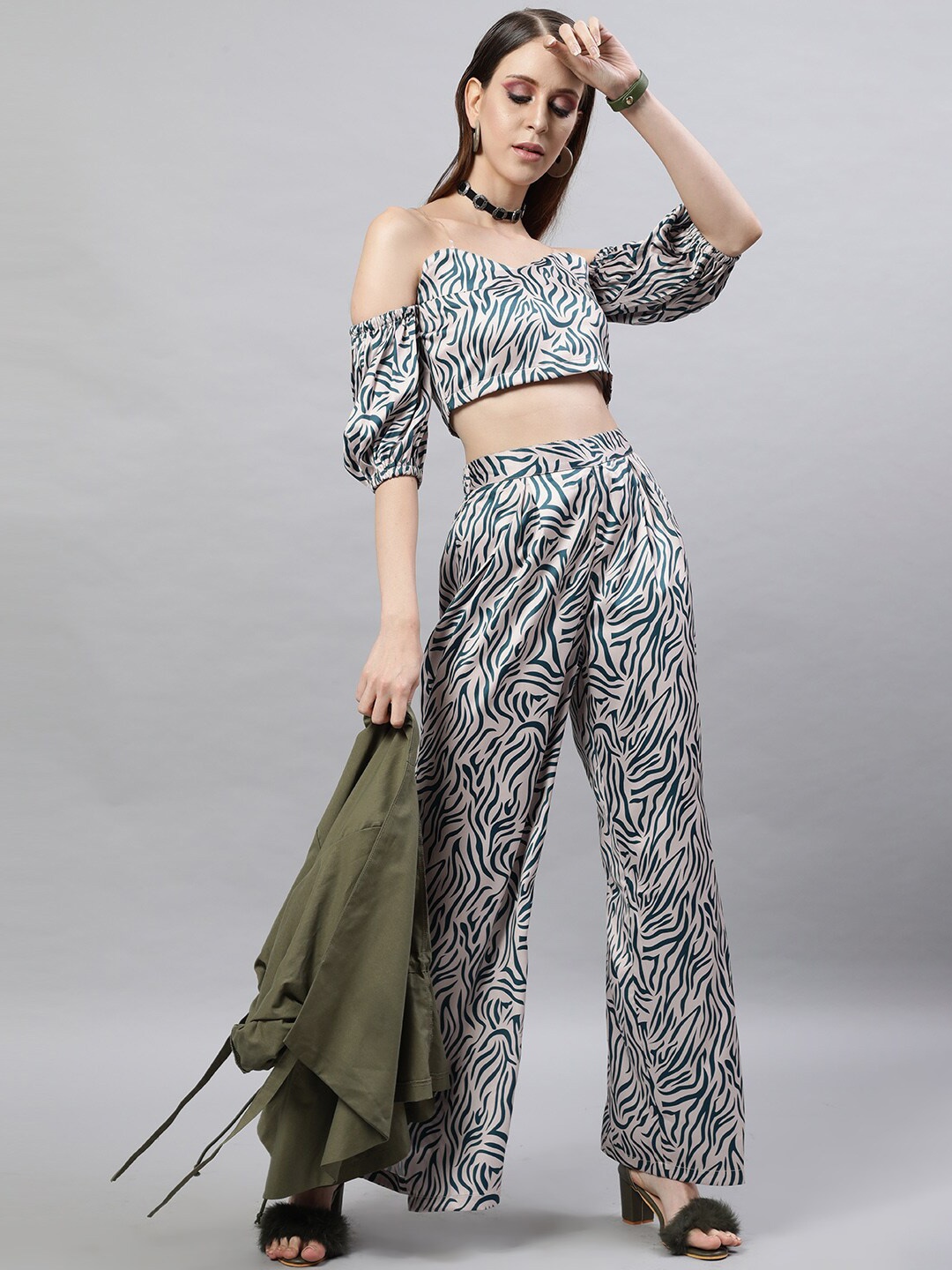 STREET 9 Women Beige & Teal Green Off-Shoulder Animal Printed Two-Piece
