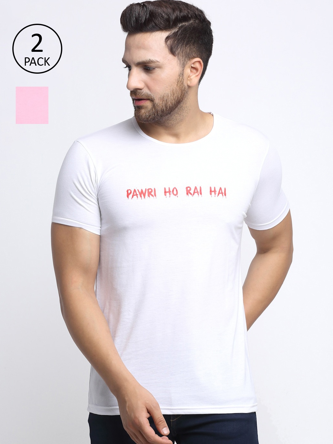 

VIMAL JONNEY Men Pack of 2 White & Pink Typography T-shirt