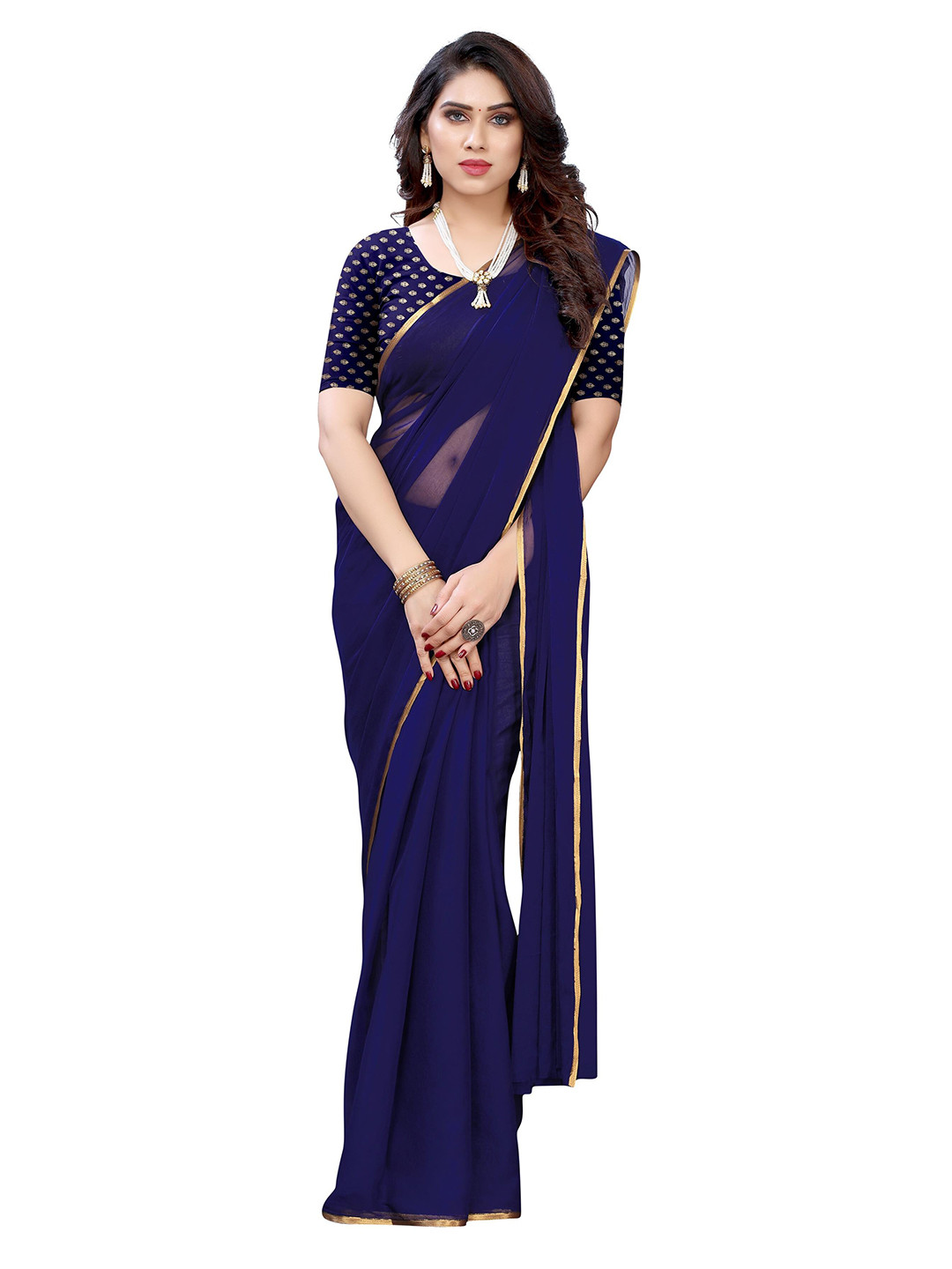 

KALINI Navy Blue & Gold-Toned Pure Chiffon Saree