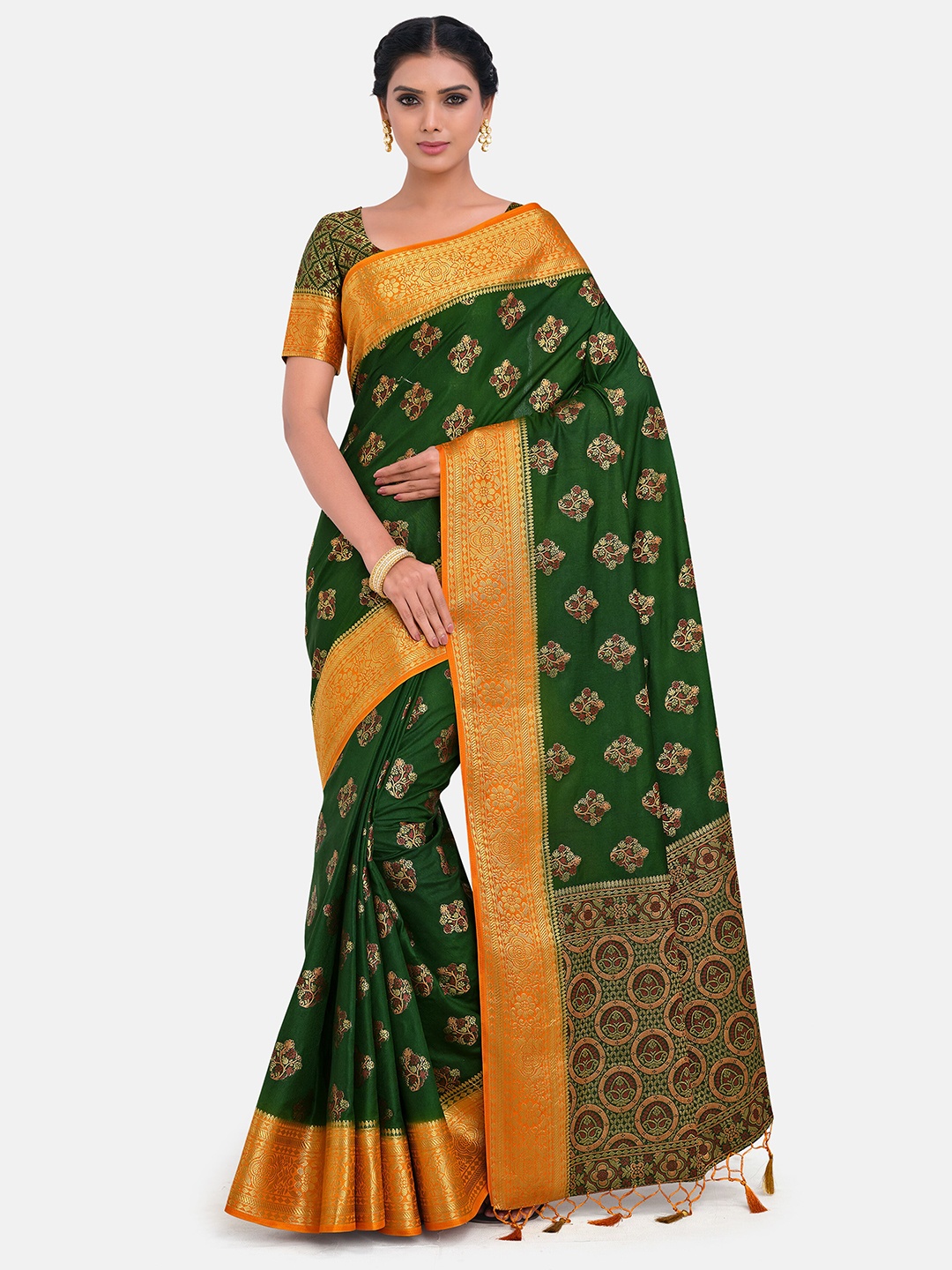 

MIMOSA Green & Yellow Ethnic Motifs Zari Art Silk Kanjeevaram Saree