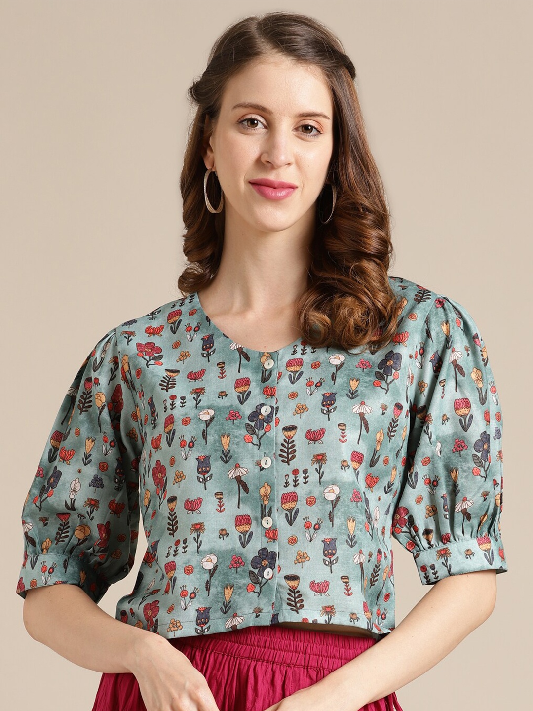 

Varanga Sea Green Floral Puff Sleeve Regular Top