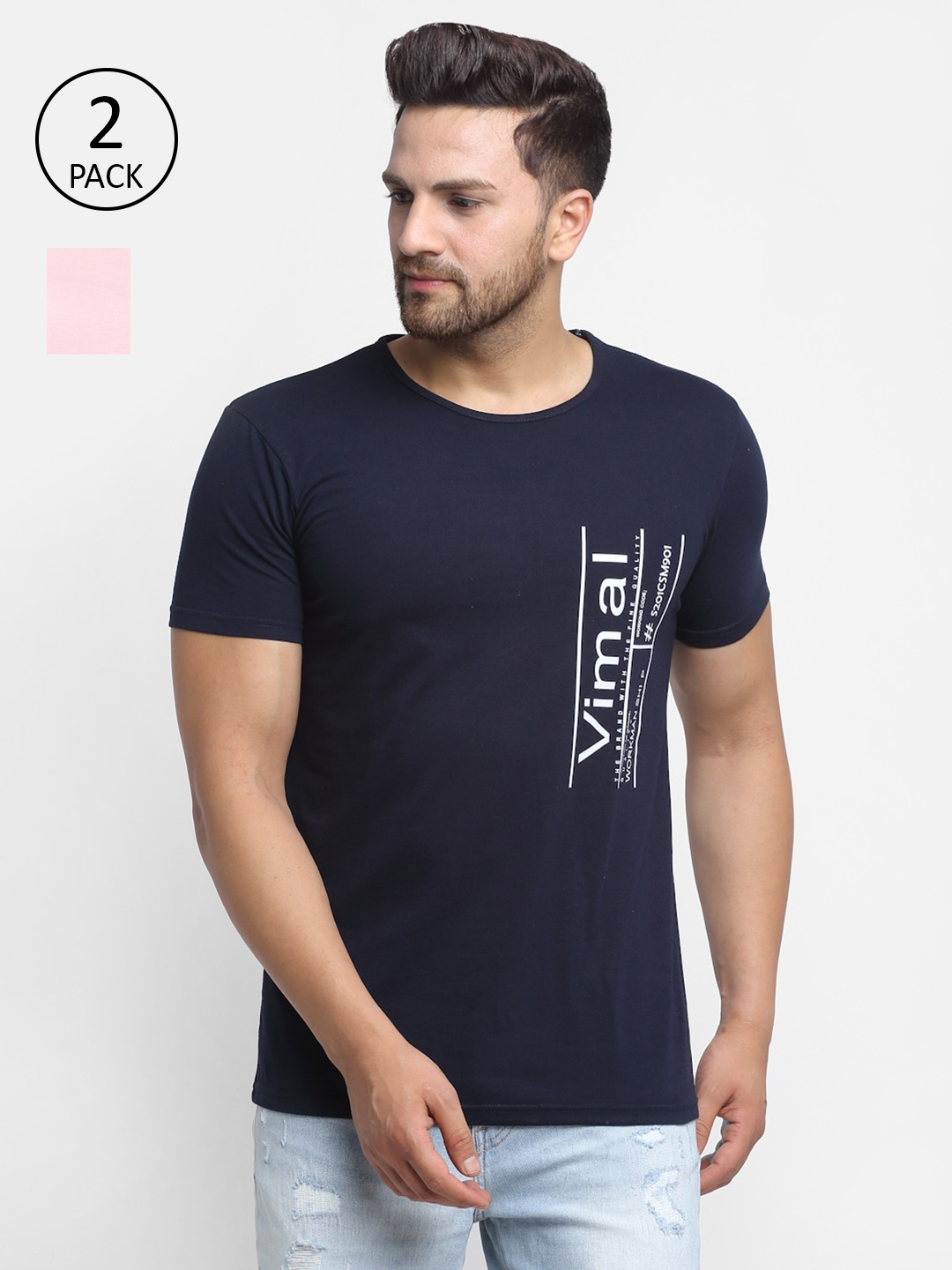 

VIMAL JONNEY Men Navy Blue & Pink Typography Printed Applique T-shirt