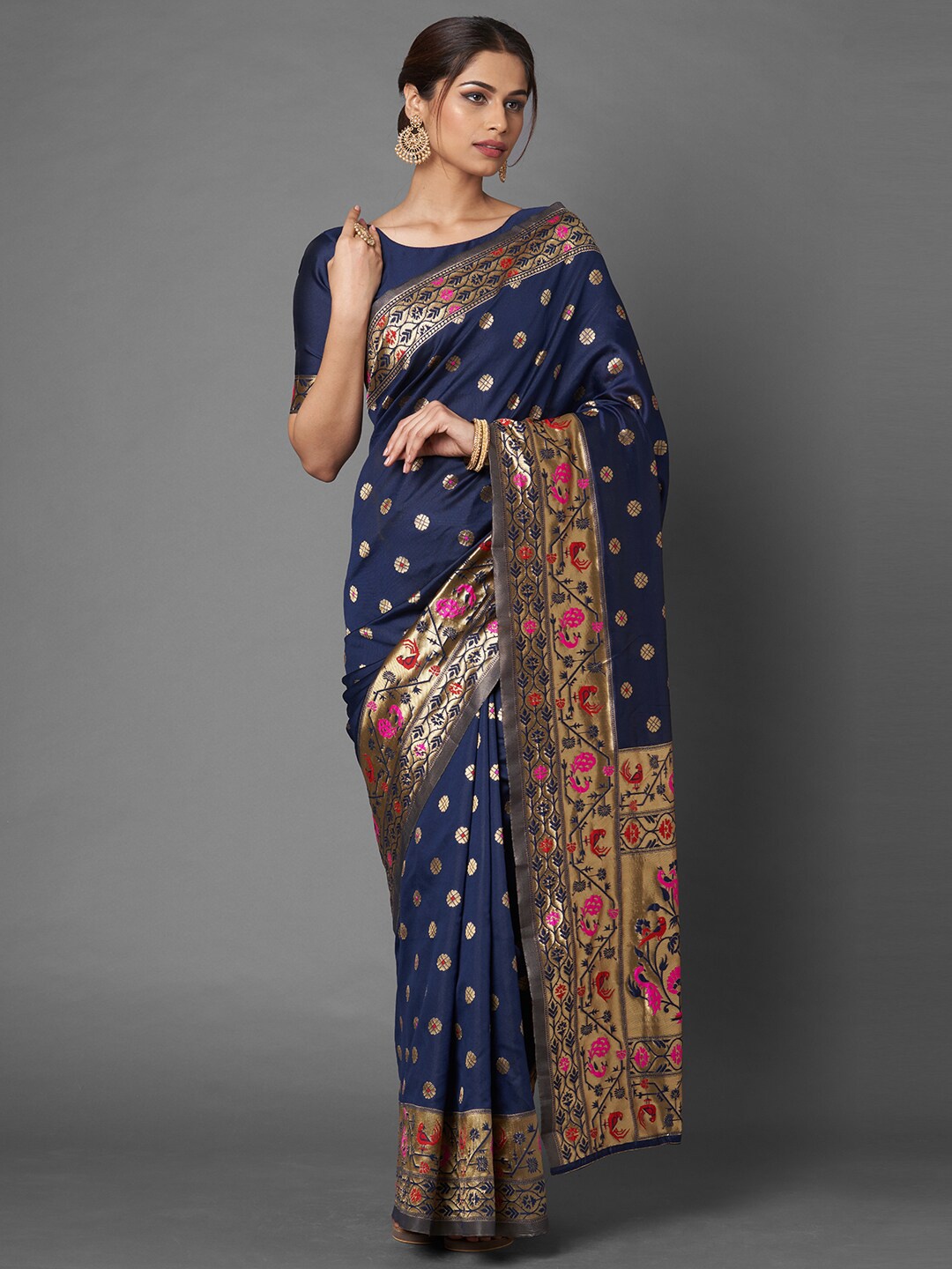 

Saree mall Navy Blue Ethnic Motifs Zari Silk Blend Banarasi Saree