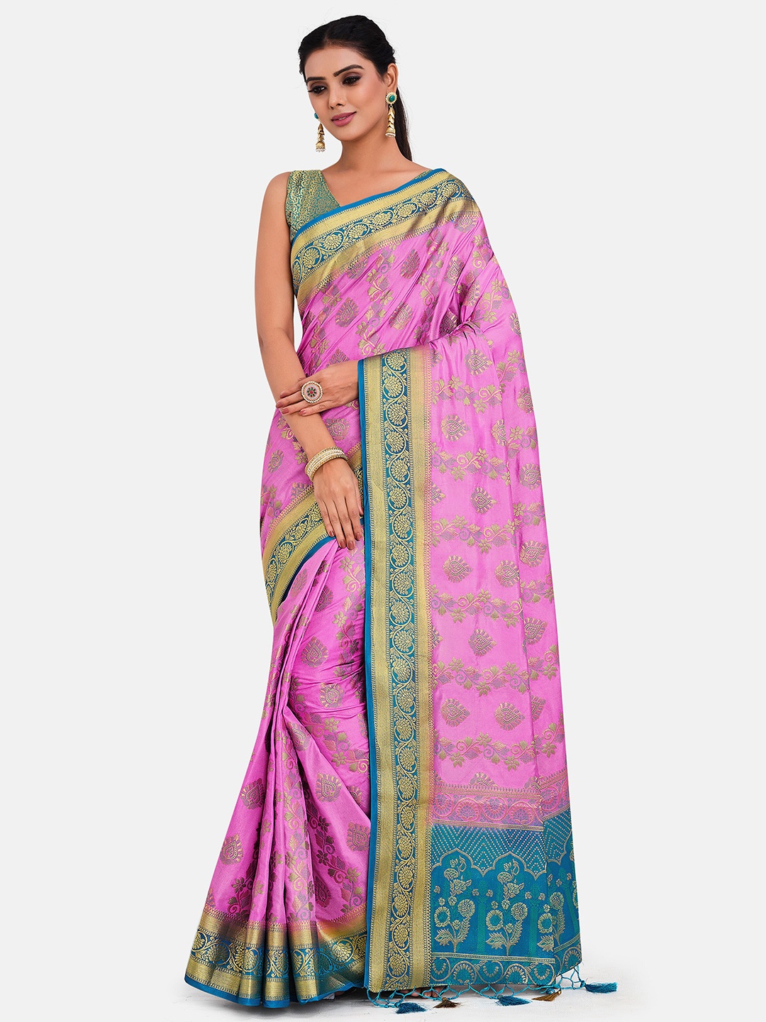 

MIMOSA Pink & Turquoise Blue Floral Zari Art Silk Kanjeevaram Saree
