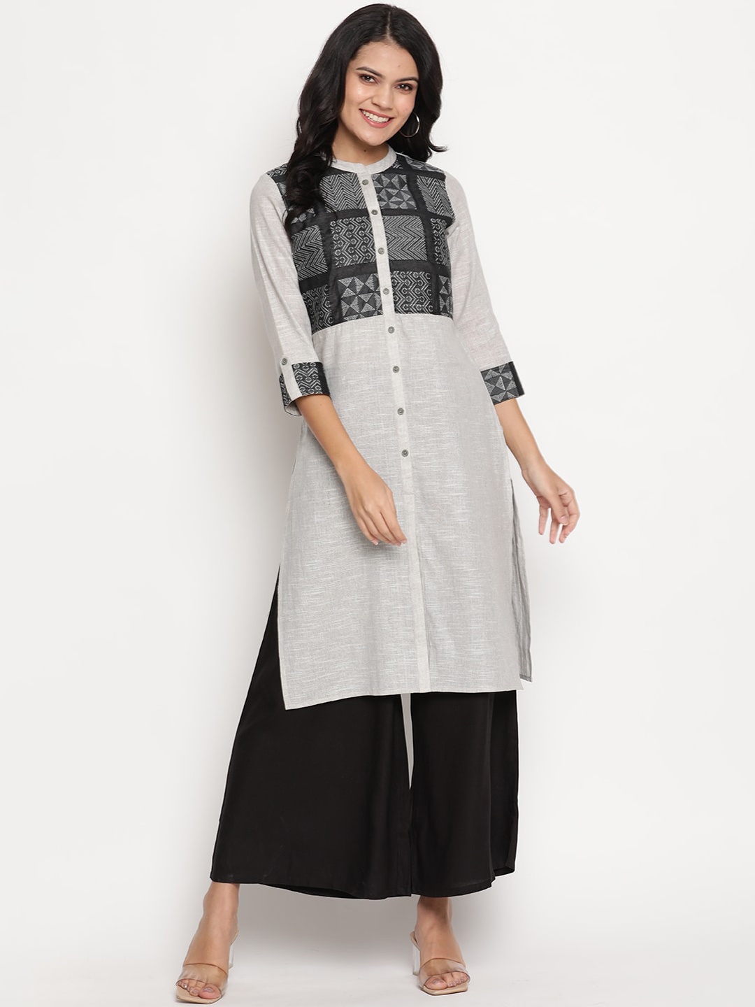 Be Indi Women Grey & Black Yoke Design Cotton Jacquard Straight Kurta