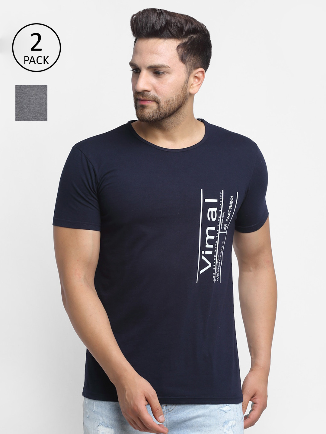 

VIMAL JONNEY Men Navy Pack of 2 Blue & Grey Typography Printed T-shirt, Navy blue