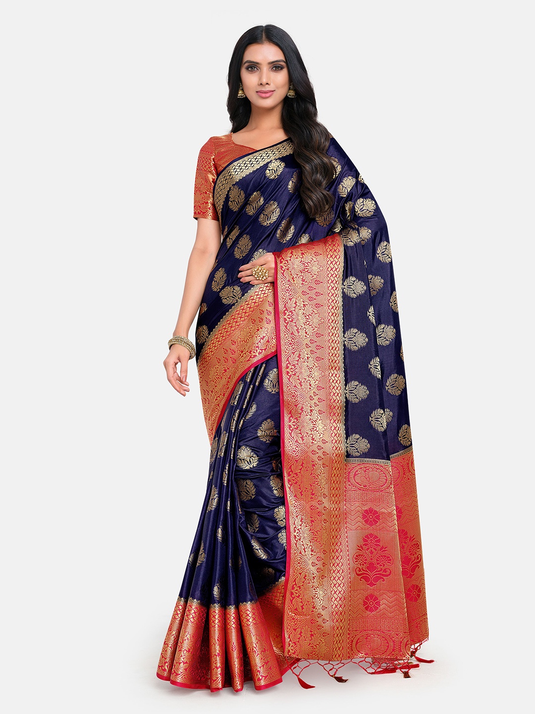 

MIMOSA Navy Blue & Red Woven Design Zari Art Silk Kanjeevaram Saree