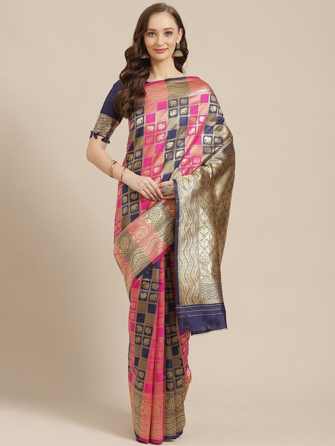 

Saree mall Pink & Navy Blue Woven Design Zari Silk Blend Banarasi Sarees