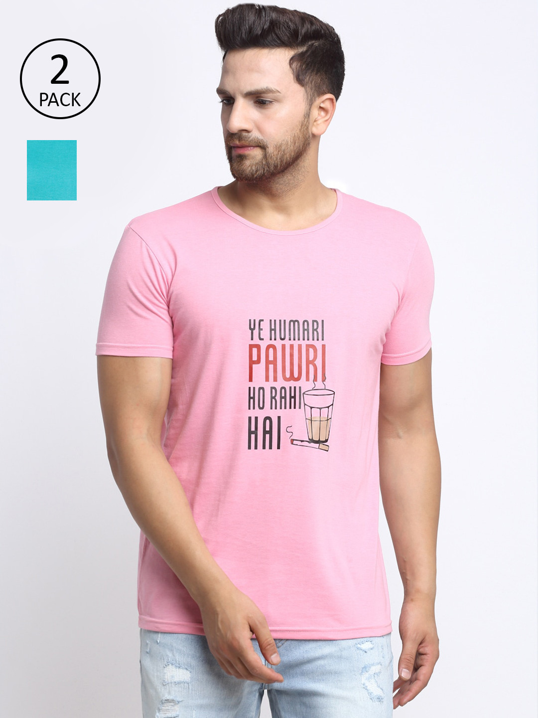 

VIMAL JONNEY Men Set of 2 Typography Printed Applique T-shirt, Pink