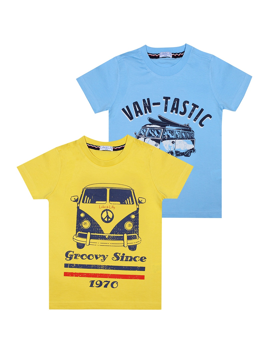 

Luke Lilly Boys Pack of 2 Blue Yellow Typography Printed Pure Cotton T-shirt