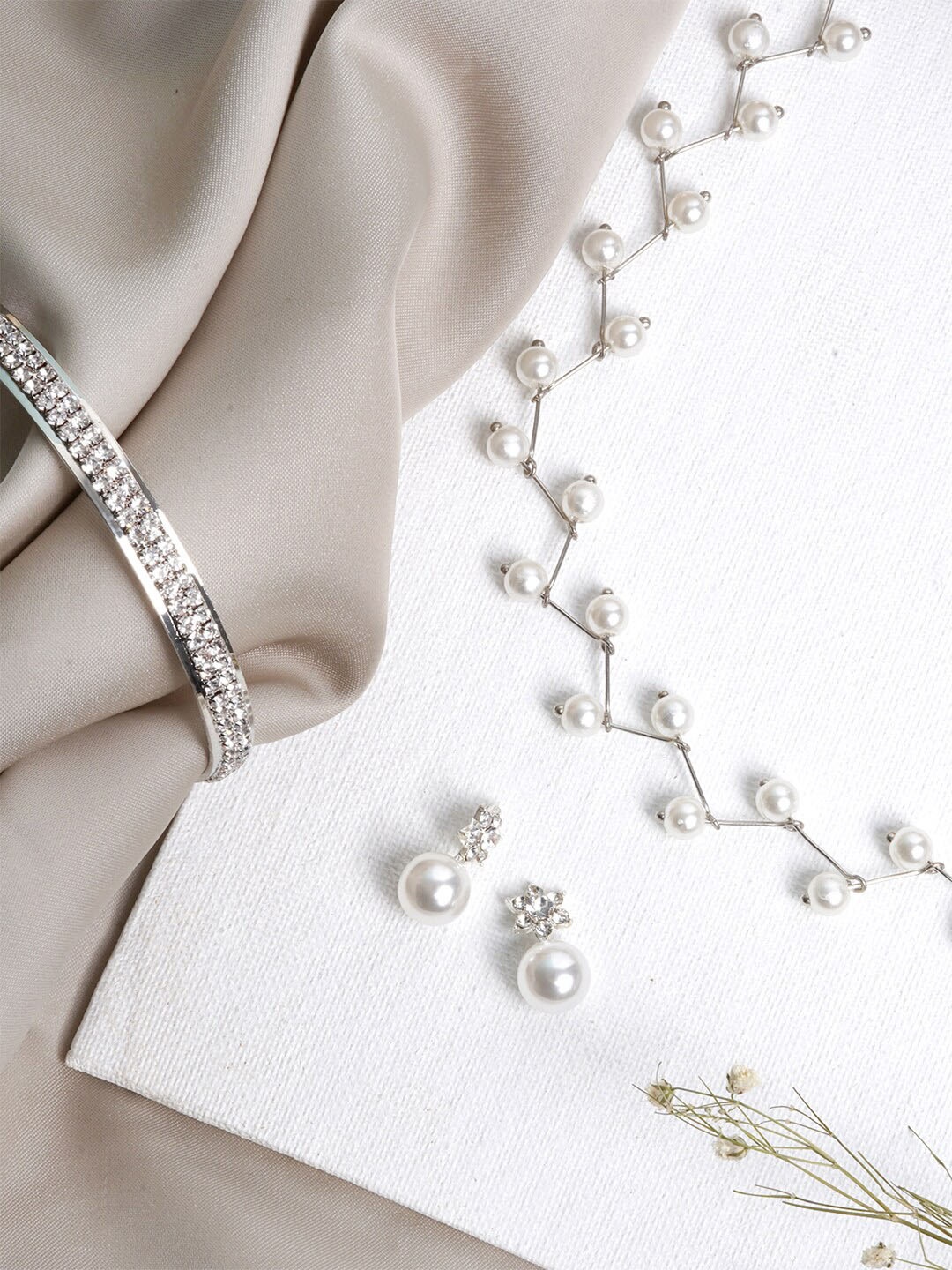 

JOKER & WITCH Silver-Toned & White Pearl & Stone-Studded Jewellery Set