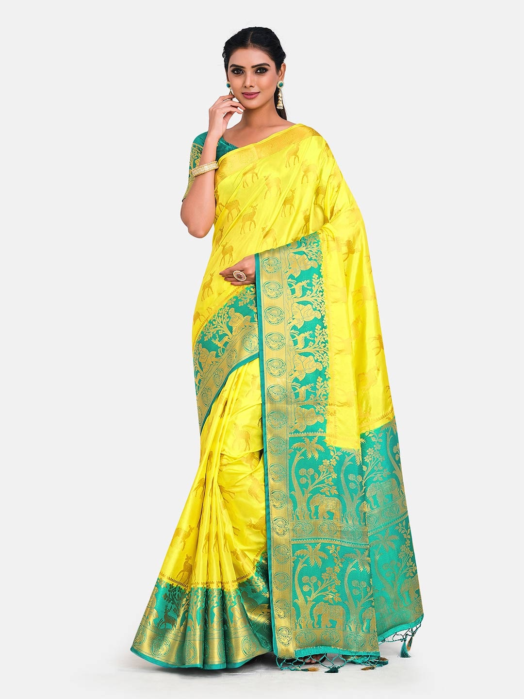 

MIMOSA Women Yellow Woven Design Kanjivaram Art Silk Saree