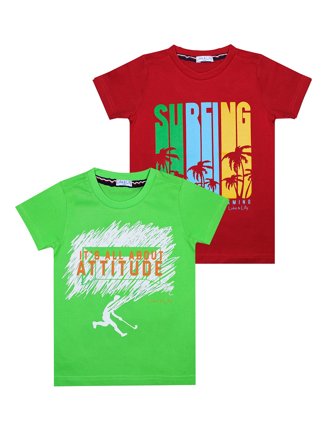 

Luke & Lilly Boys Red & Green Typography Pack Of 2 Printed T-shirt