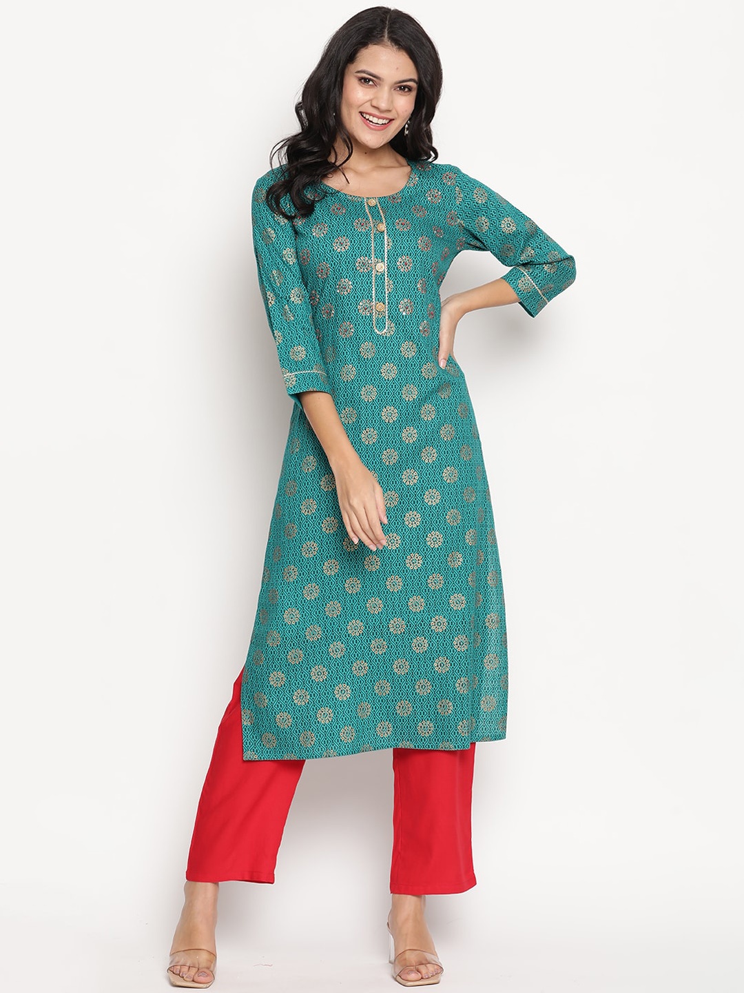 Be Indi Women Woven Design Printed Straight Kurta with Trouser, Teal