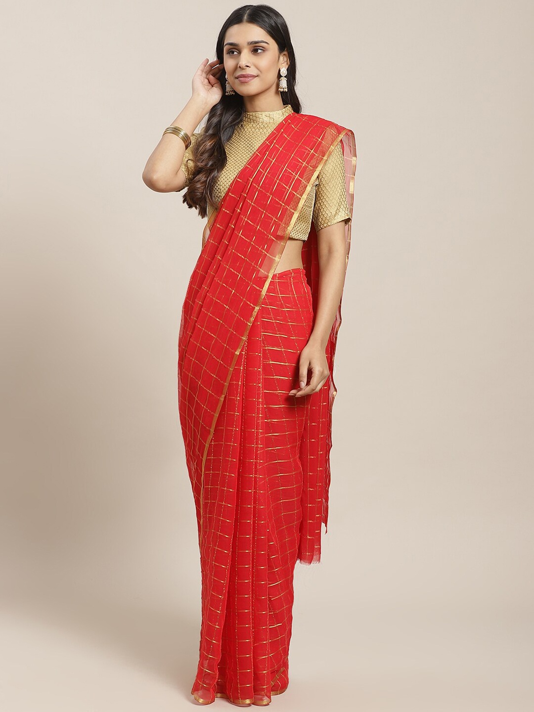 

Saree mall Maroon & Gold-Toned Checked Zari Sarees