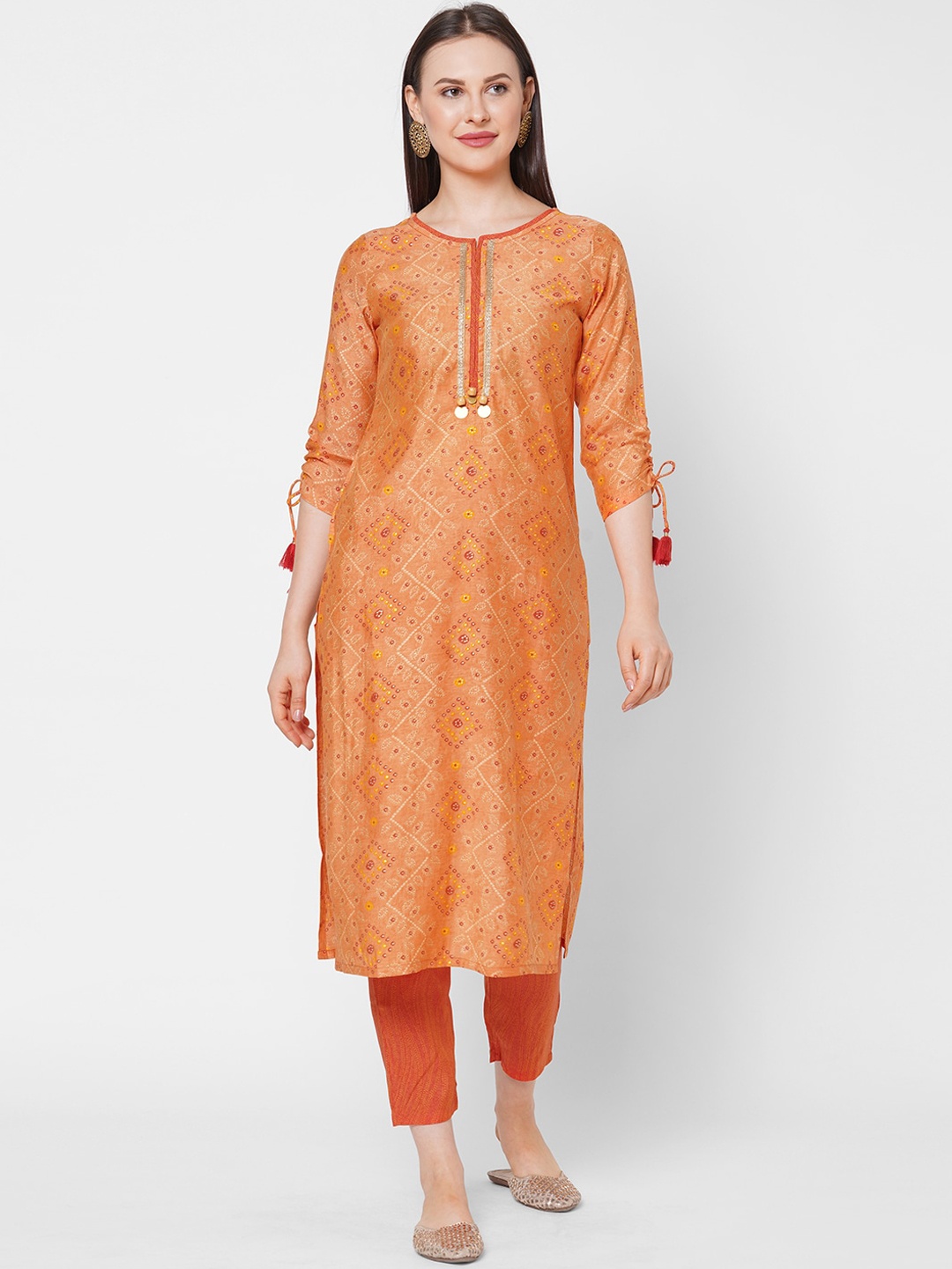 

Os Women Orange Ethnic Motifs Printed Chanderi Silk Kurta with Trousers