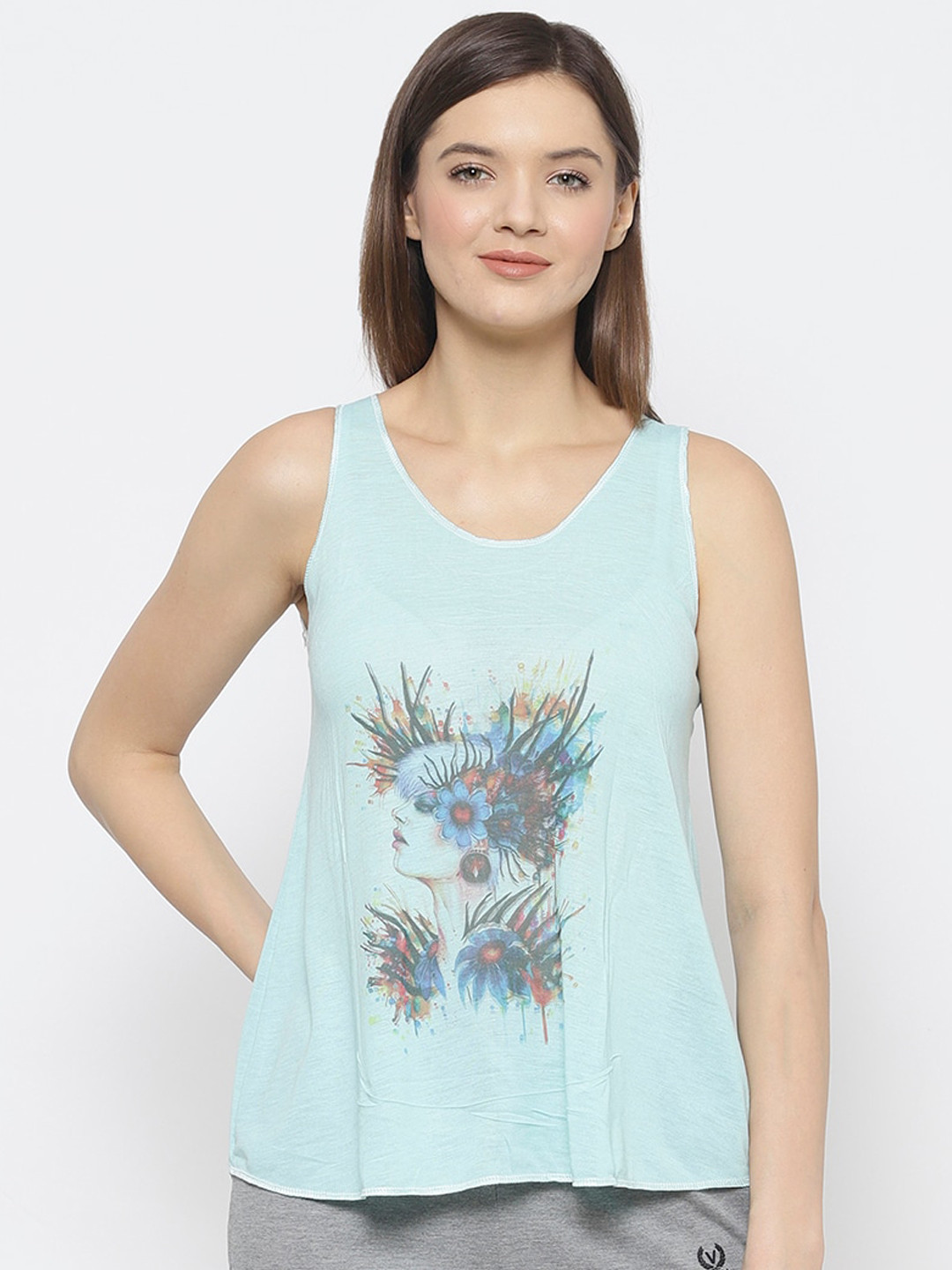 

VIMAL JONNEY Women Sea Green & Grey Printed Night Suit