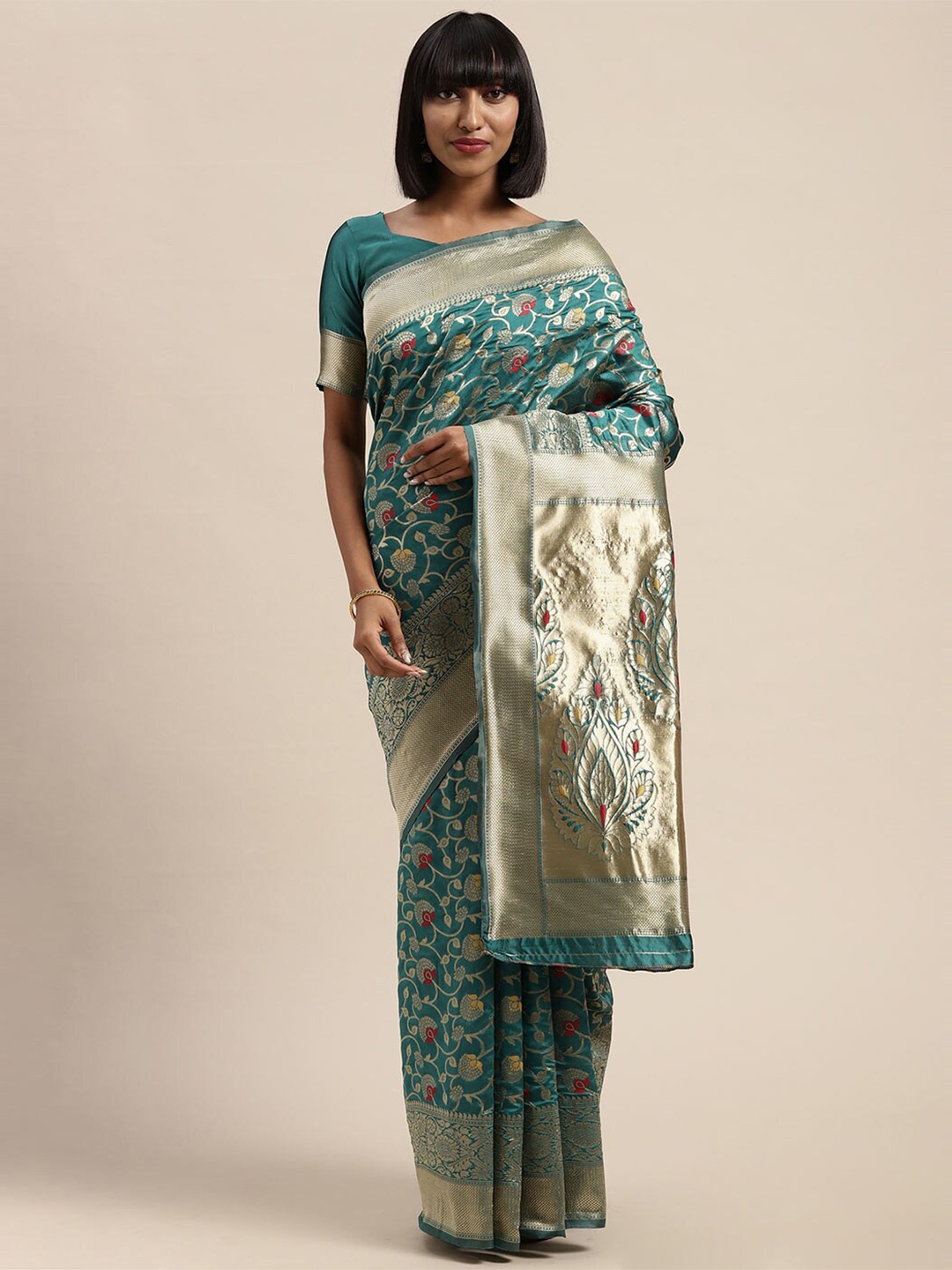 

Saree mall Teal & Gold-Toned Ethnic Motifs Zari Silk Blend Banarasi Sarees